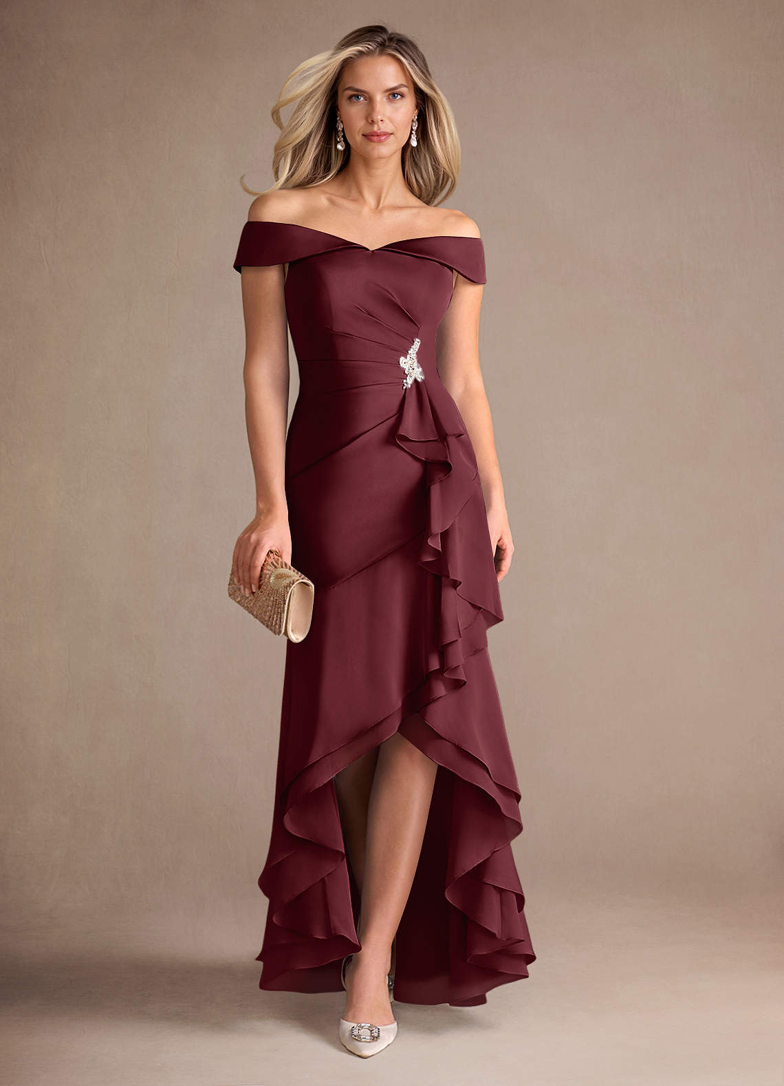 Azazie Billings Mother of the Bride Dresses Cabernet Mermaid Off the Shoulder Stretch Satin Dress image1