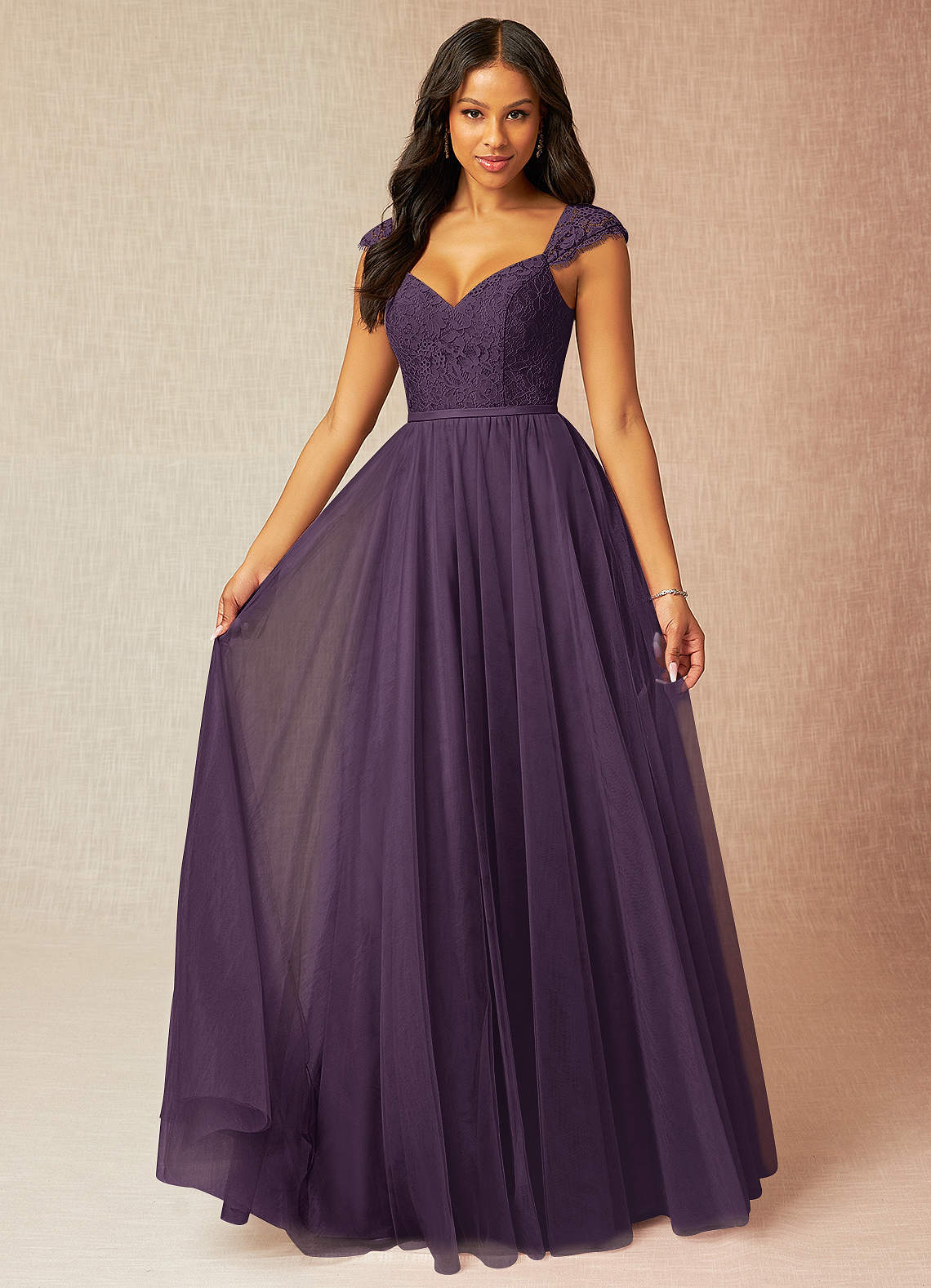 Azazie Luxi Bridesmaid Dresses Plum A-Line Pleated Tulle Dress image1