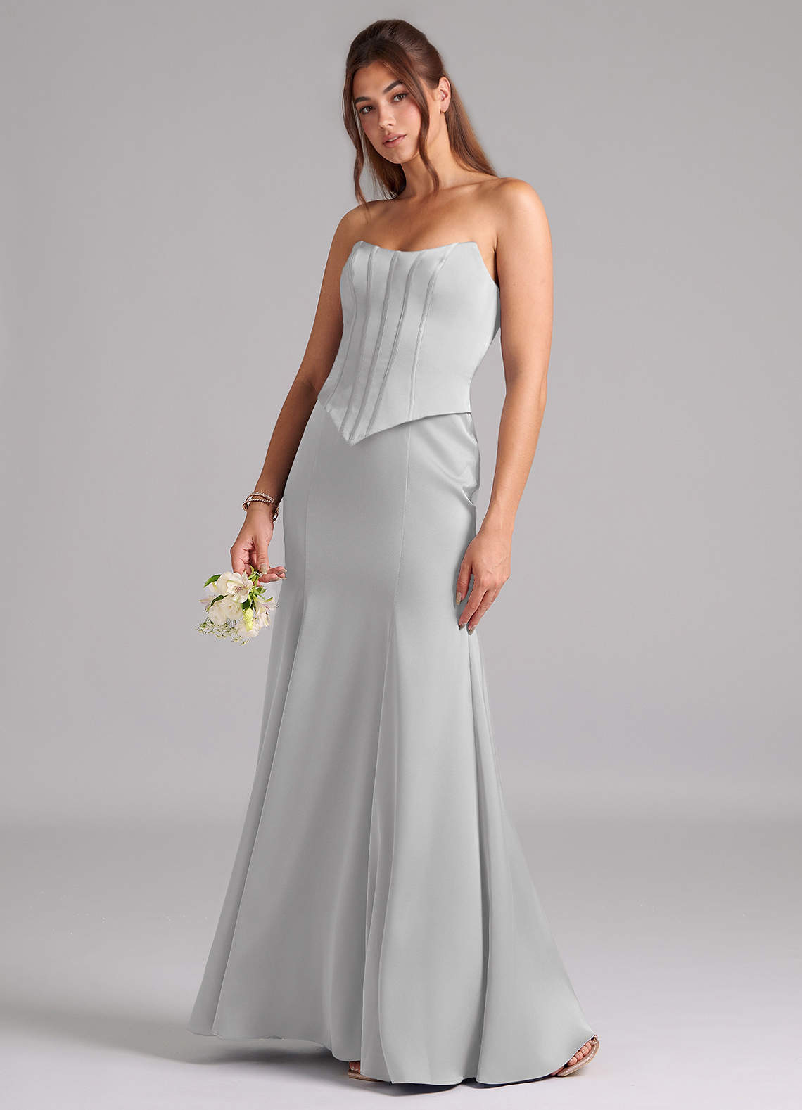 Azazie Ximena Vestidos de damas de honor Vestido de Plata de Satén Elástico de Corte Sirena Convertible con Corsé image1