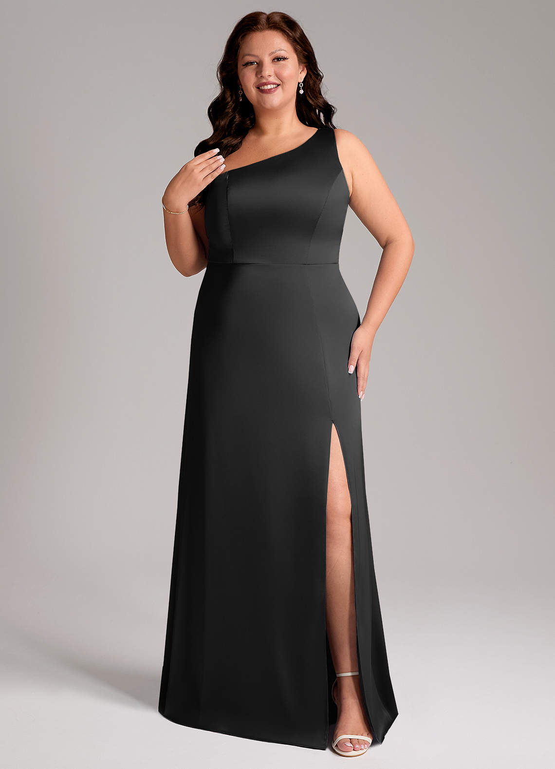 Azazie Phaedra Bridesmaid Dresses Black A-Line One Shoulder Stretch Satin Dress image1