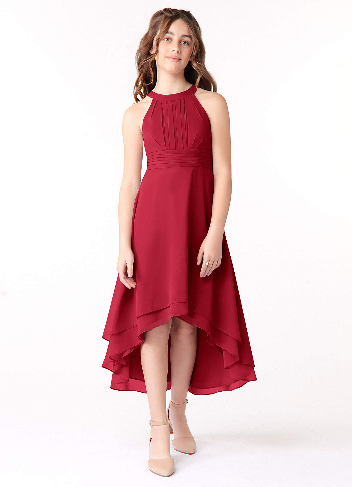 Azazie Linna Junior Scarlet A-Line Pleated Chiffon Dress image1