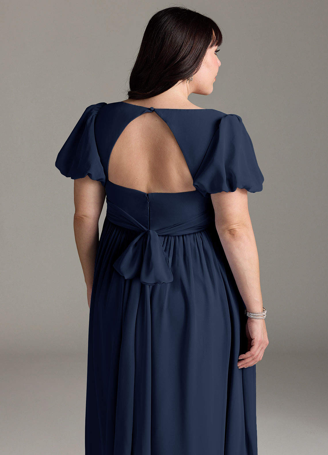 Azazie Madisynn At-home Try On Dresses Bow Chiffon Floor-Length Dress image9