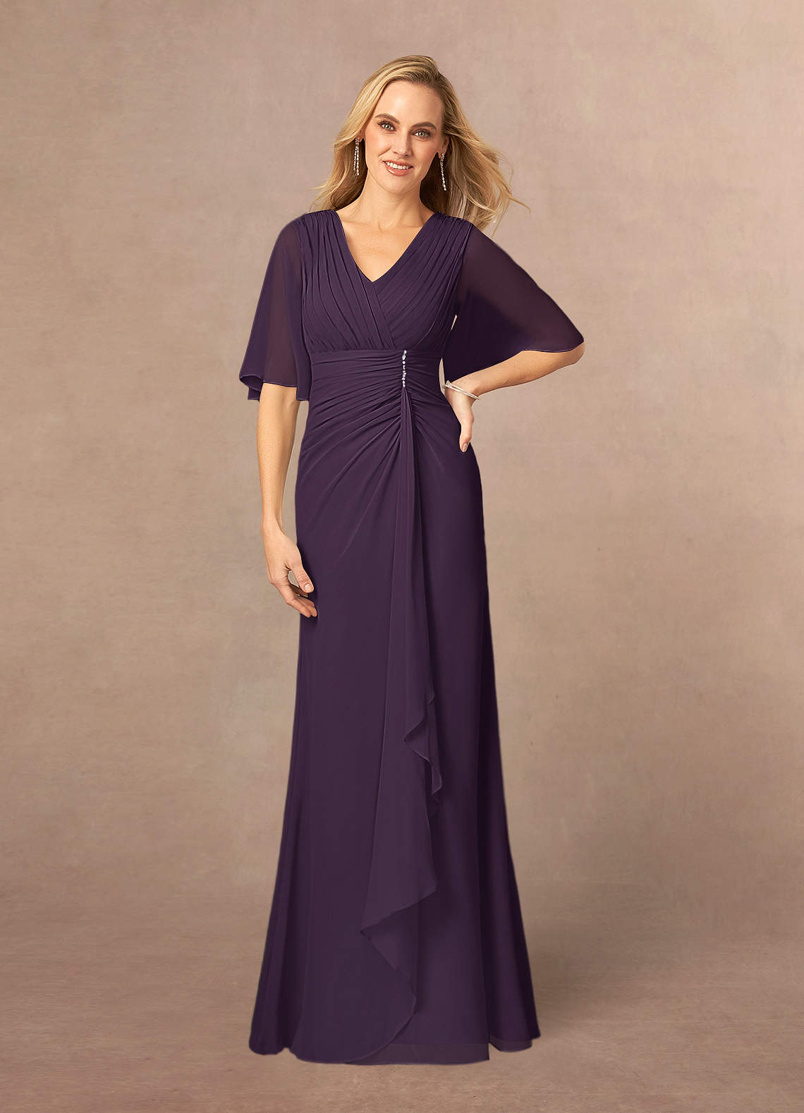 Azazie Carson Mother of the Bride Dresses Plum A-Line V-Neck Lace Chiffon Dress image1