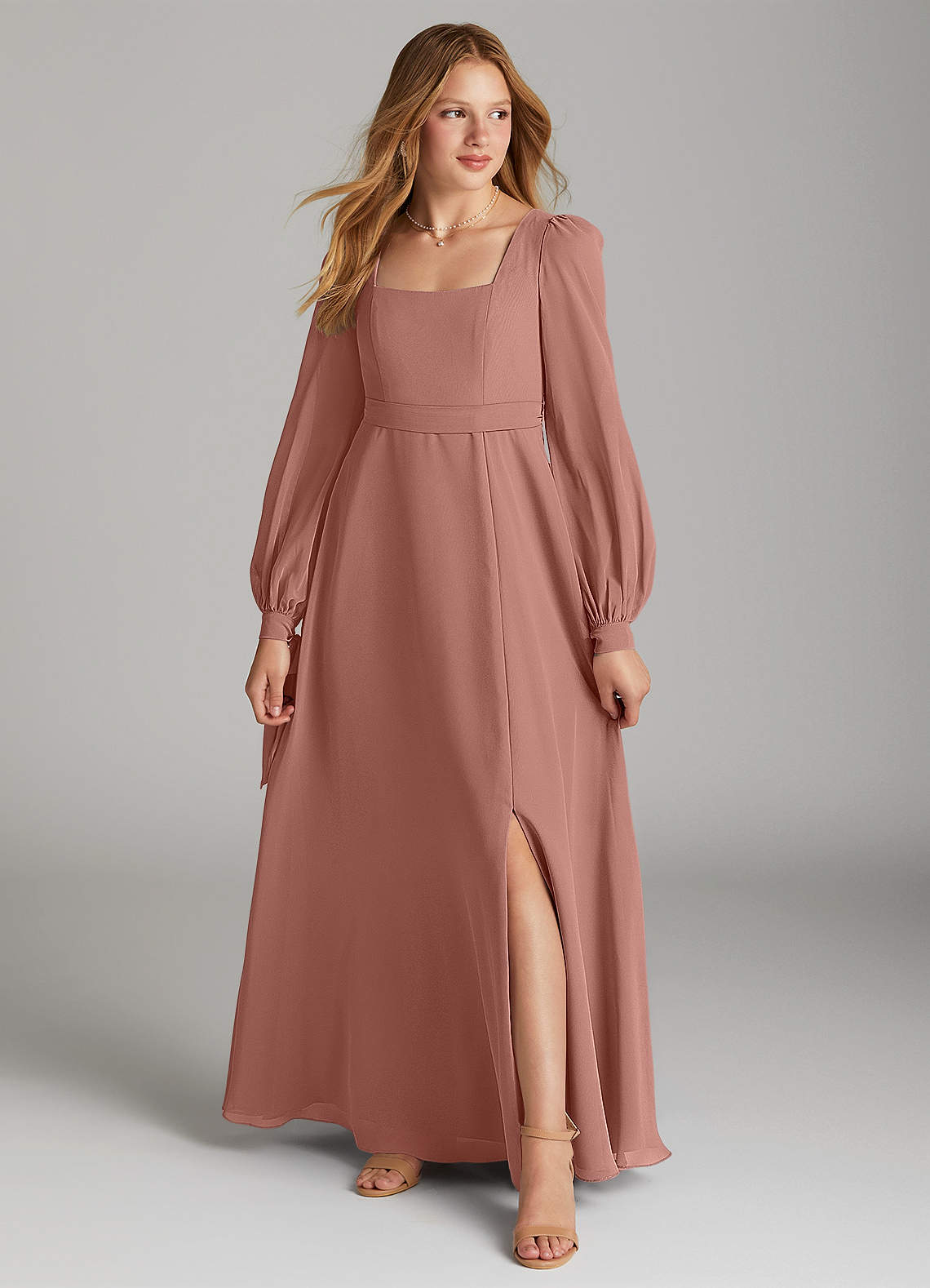 Azazie Leonia Junior Cedar Rose A-Line with Pockets Chiffon Dress image1