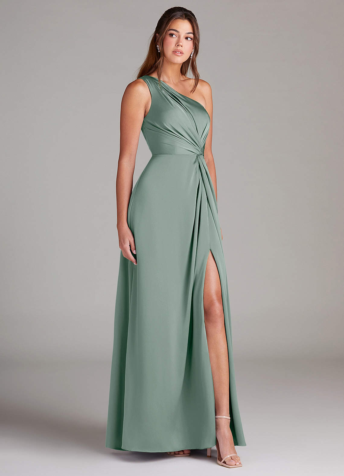 Azazie Brooke At-home Try On Dresses Emerald A-Line One Shoulder Stretch Satin Dress image4