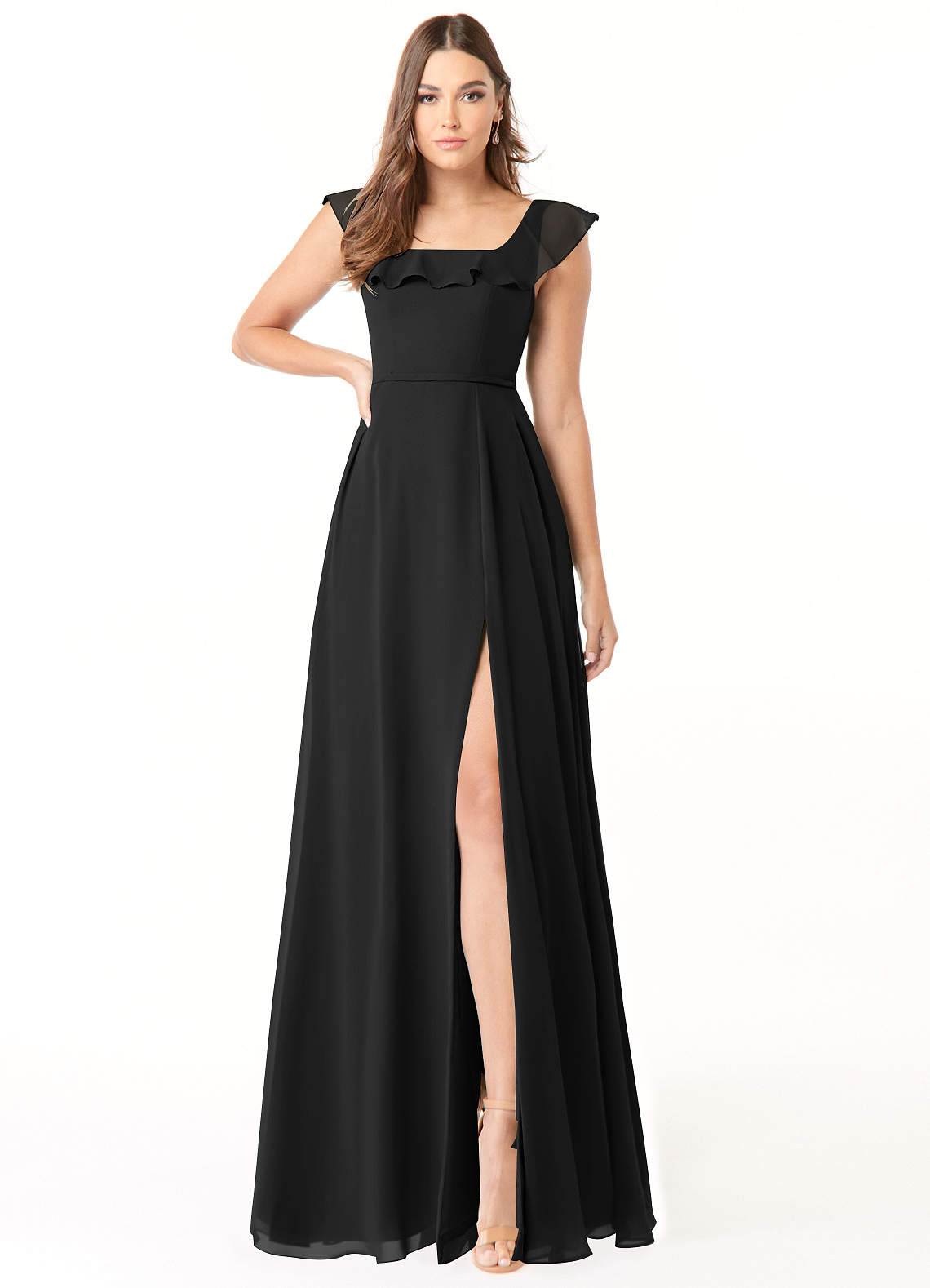 Azazie Jinny Bridesmaid Dresses Black A-Line Square Neckline Ruched Chiffon Dress image1