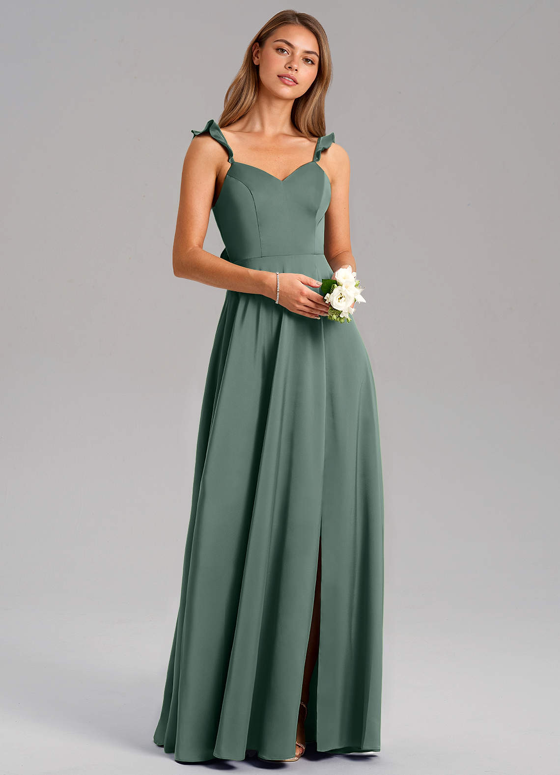 Azazie Everett Bridesmaid Dresses Sea Moss A-Line Stretch Satin Dress image1