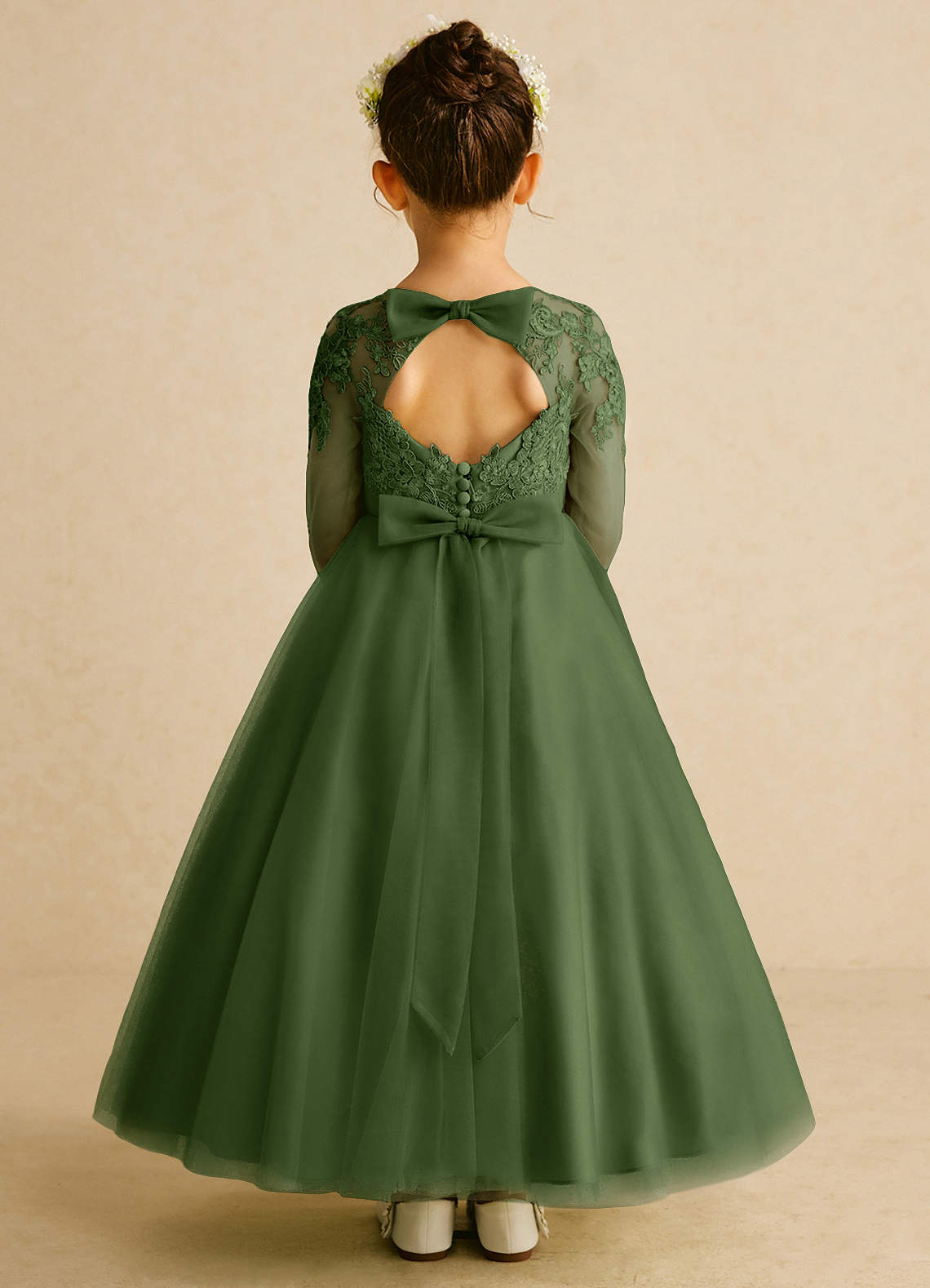 Azazie Precious Flower Girl Dresses Olive A-Line Lace Tulle Dress image1