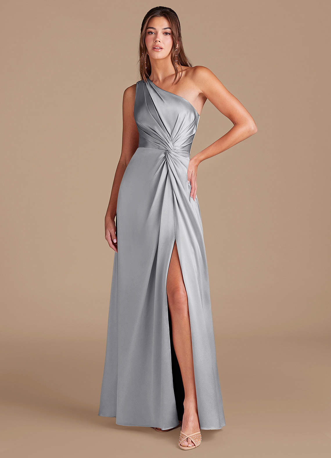 Azazie Brooke Bridesmaid Dresses Silver A-Line One Shoulder Metallic Satin Dress image1