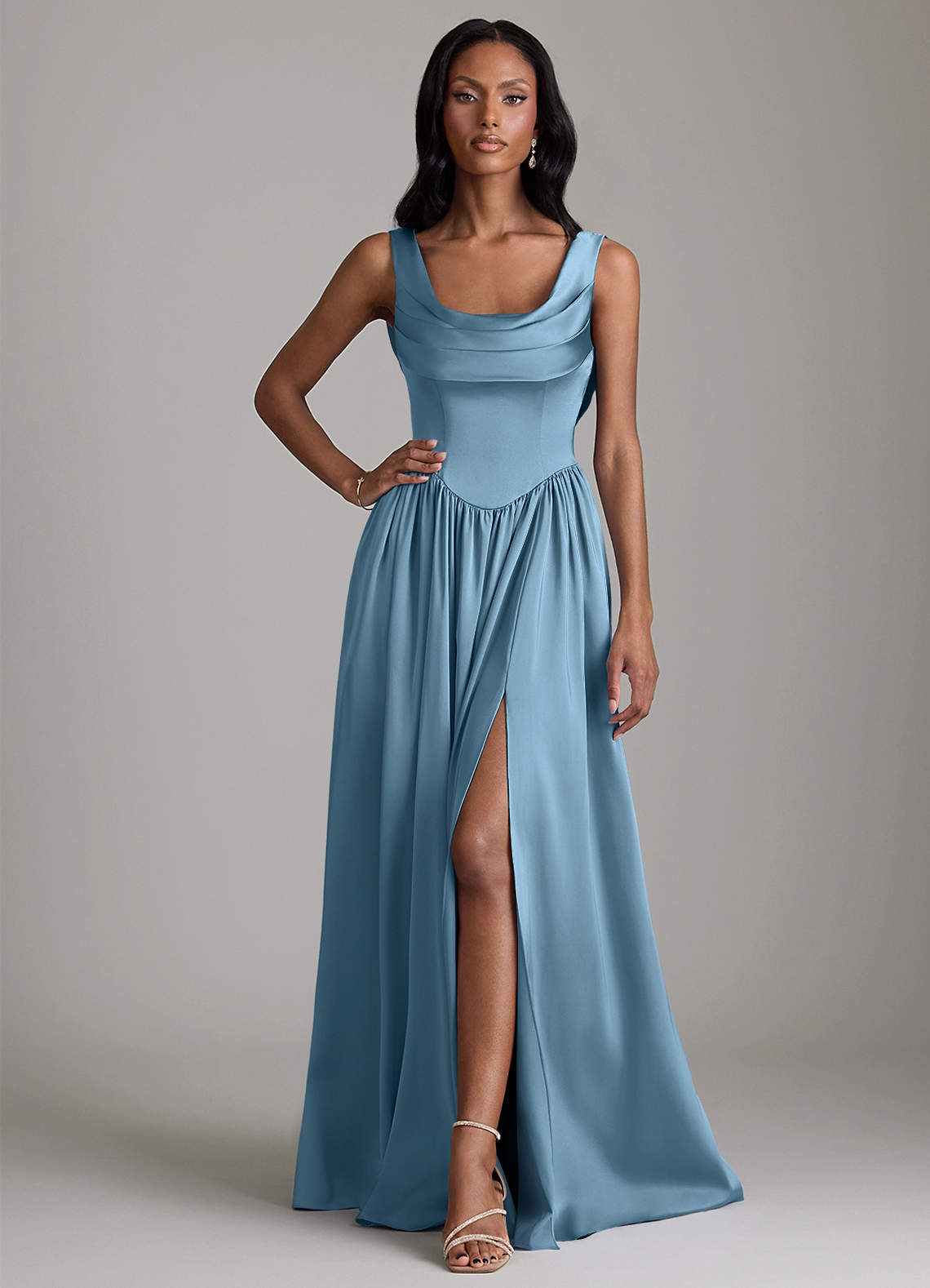 Azazie Novi Steel Blue Stretch Satin Bridesmaid Dresses | Azazie