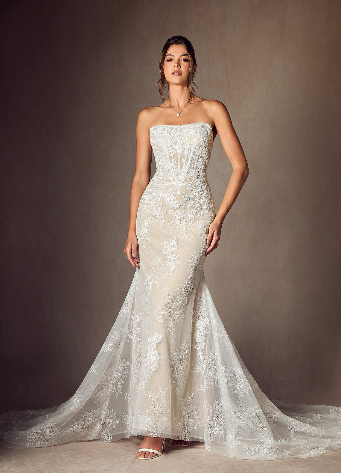 Azazie Caitlin At-home Try On Dresses Diamond White Champagne Mermaid Strapless Lace Dress image11
