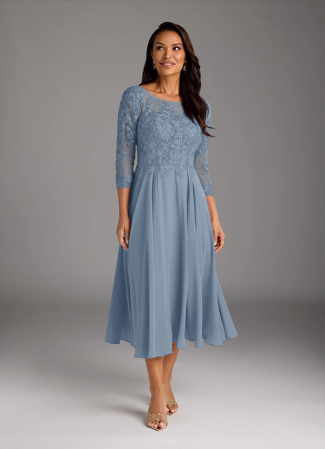 Azazie Marge Mother of the Bride Dresses Dusty Blue A-Line Scoop Lace Chiffon Dress image1