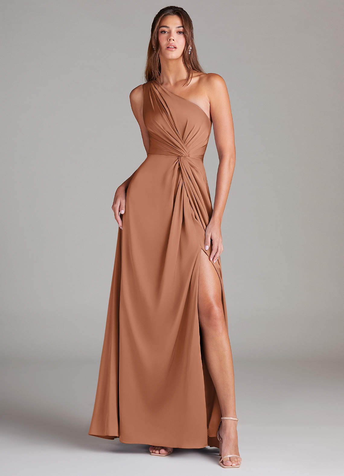 Azazie Brooke Bridesmaid Dresses Bronzer A-Line One Shoulder Stretch Satin Dress image1