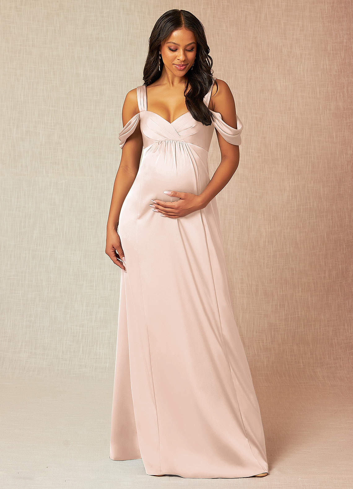 Azazie Rhea Maternity Bridesmaid Dresses A-Line Off-The-Shouler Pleated Stretch Satin Floor-Length Dress image1