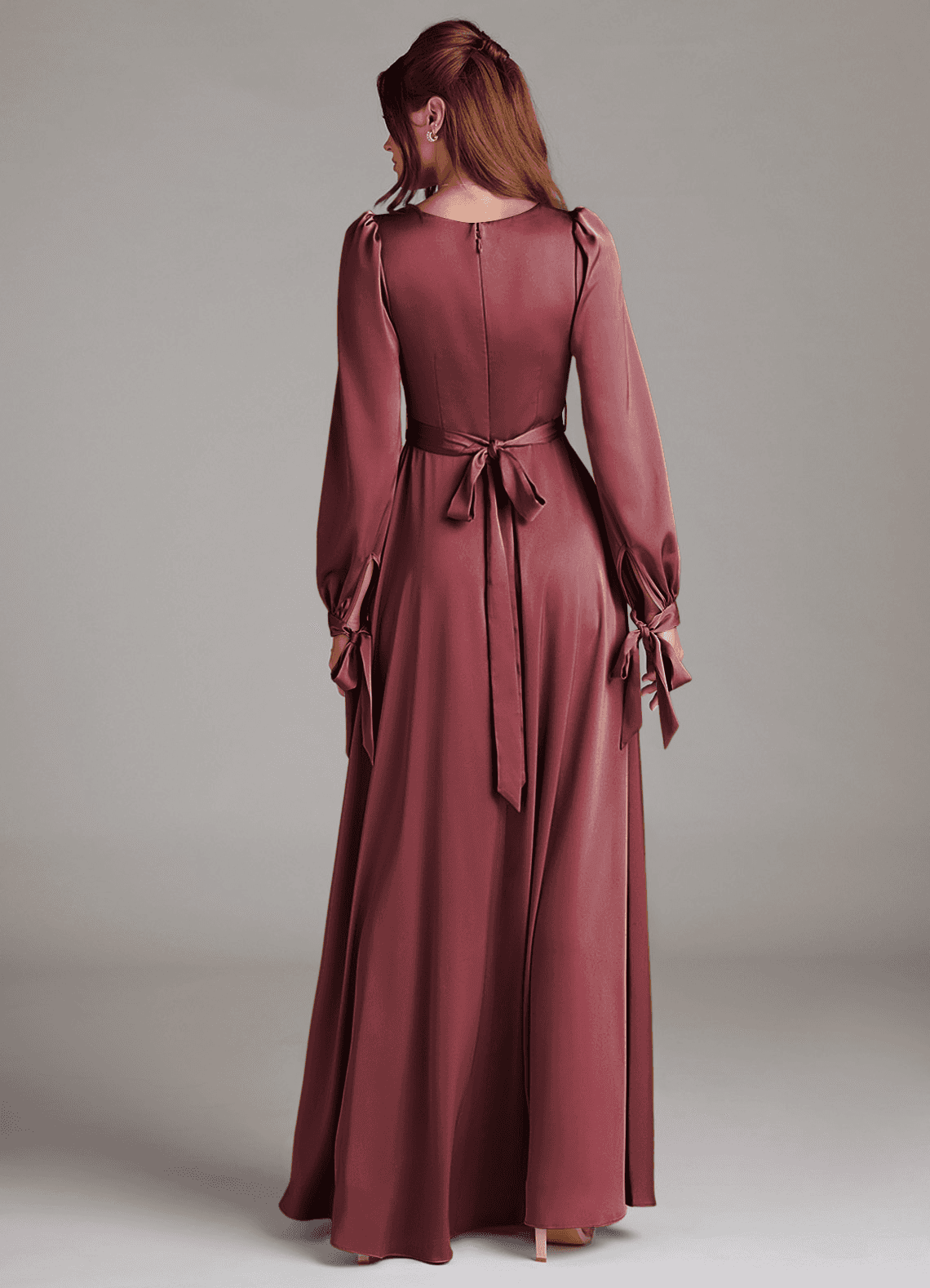 Azazie A-Line Square Neck Long Sleeve Floor-Length Stretch Satin Bridesmaid Dresses
