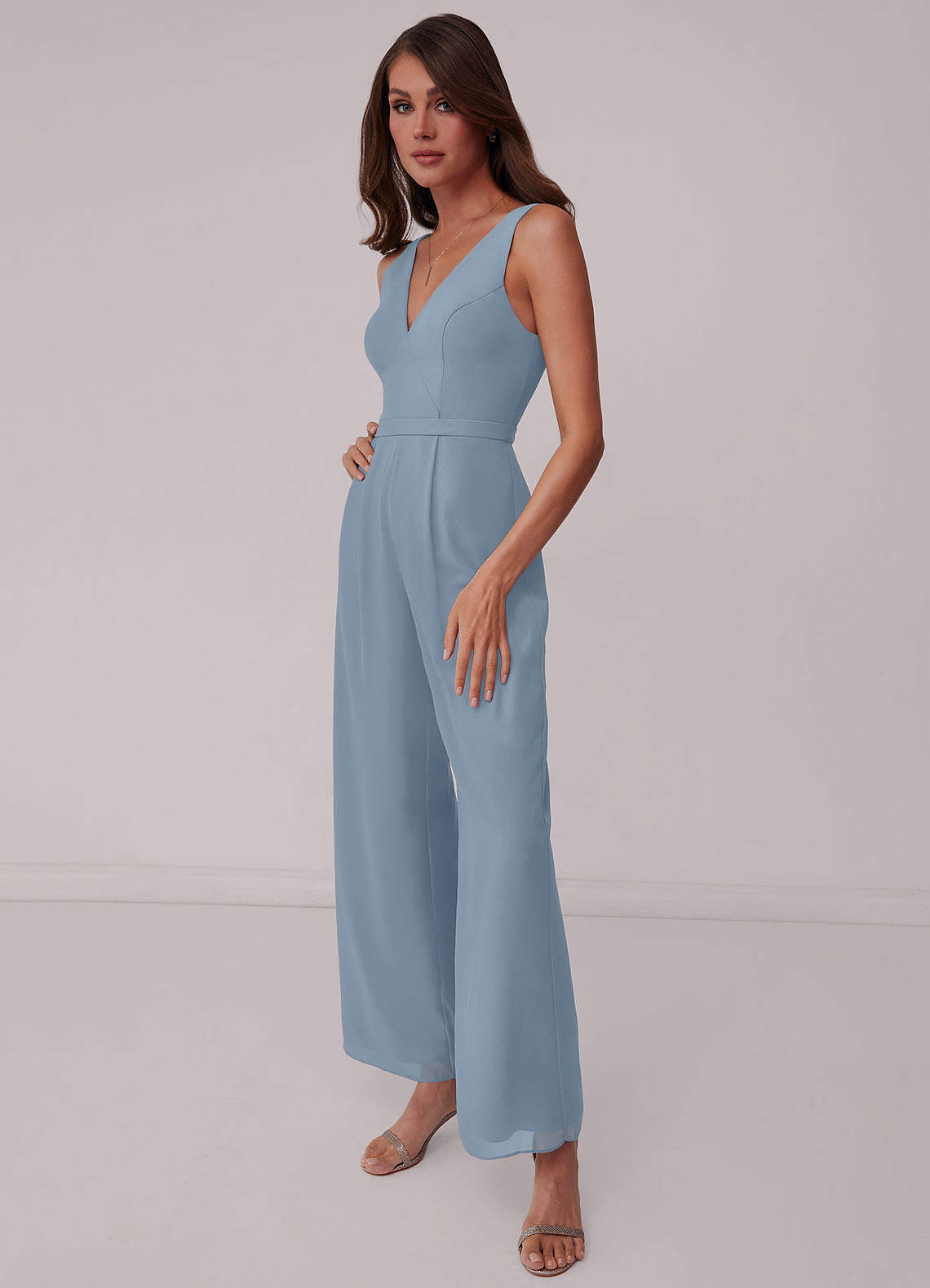 Dusty Blue Shirred Vneck Chiffon Jumpsuit Bridesmaid Dresses Azazie