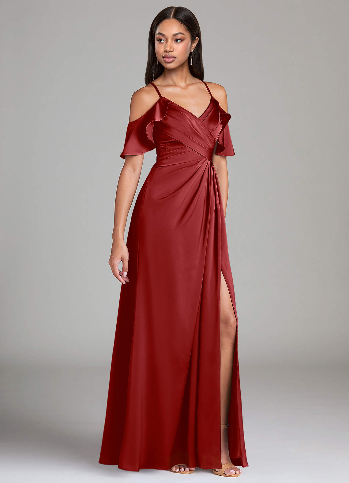 Azazie Dakota Bridesmaid Dresses Pomegranate A-Line Off the Shoulder Stretch Satin Dress image1