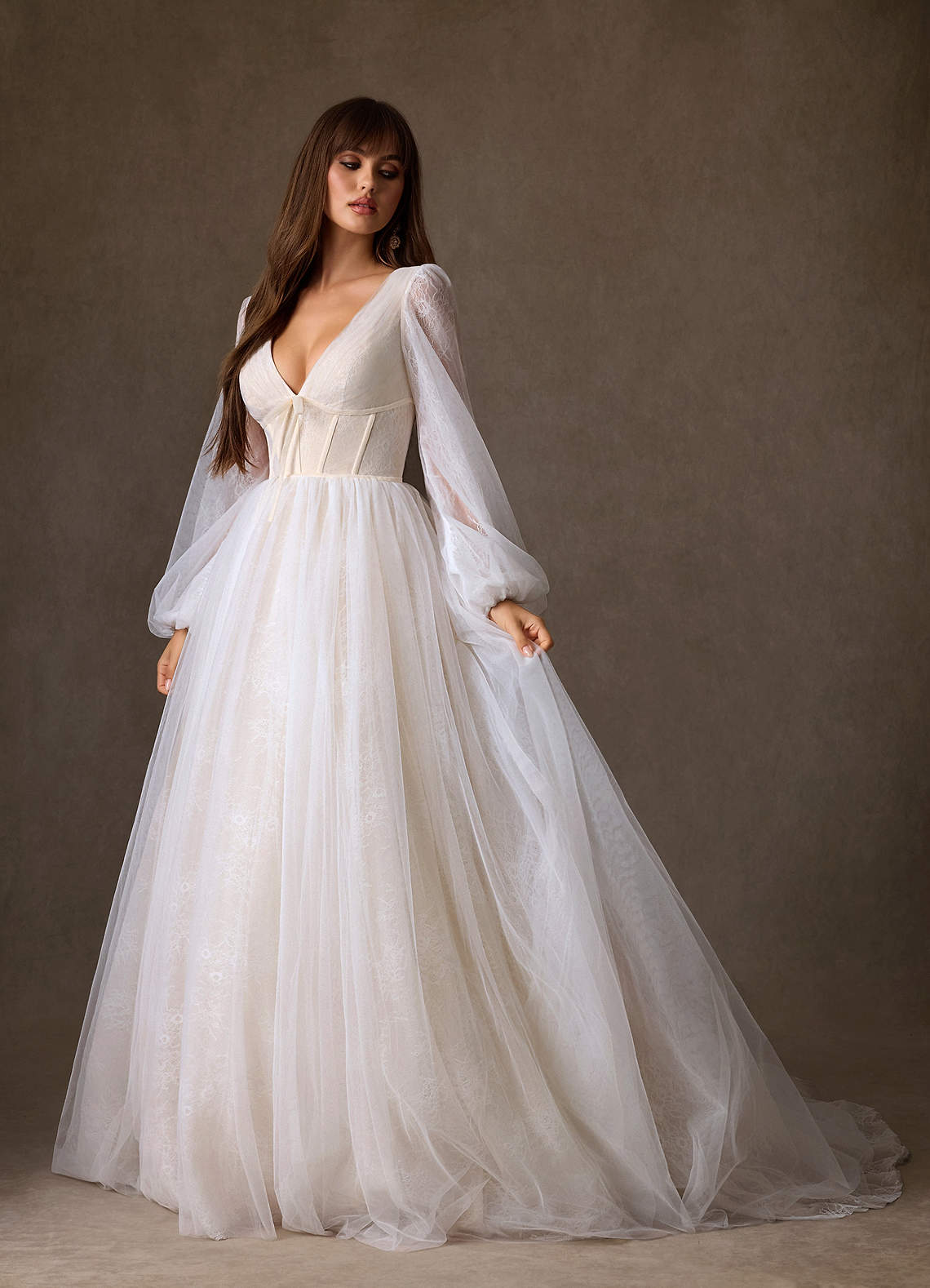 Azazie Cressida Diamond White Champagne Ball-Gown Lace Tulle Dress