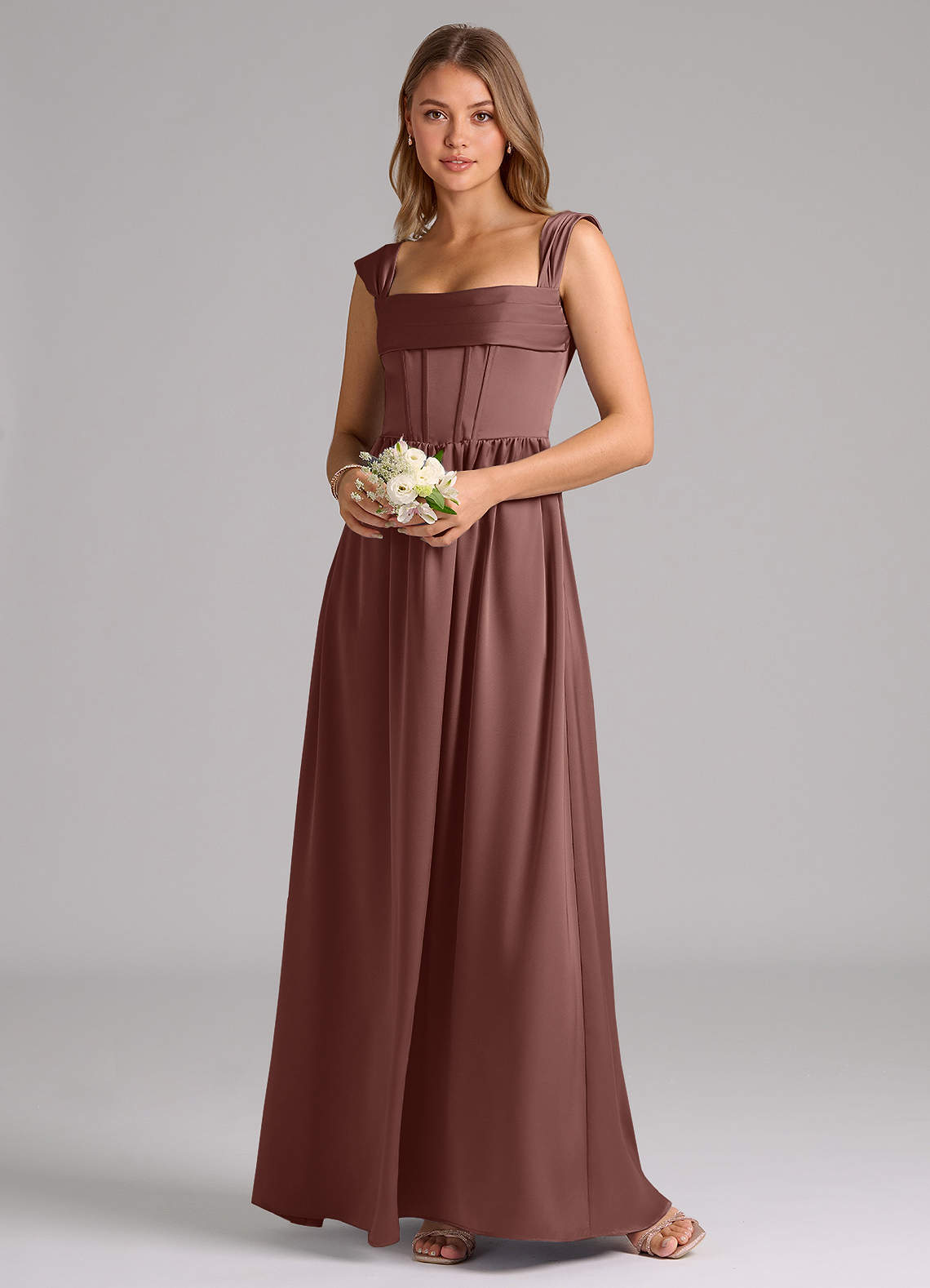 Azazie Hattie Bridesmaid Dresses Espresso A-Line Corset Stretch Satin Dress image1