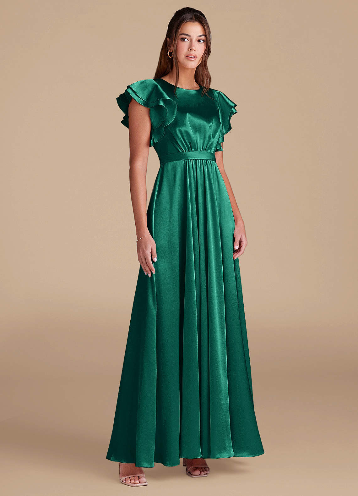 Azazie Daphne Modest Bridesmaid Dresses A-Line Ruched Metallic Satin Floor-Length Dress image3