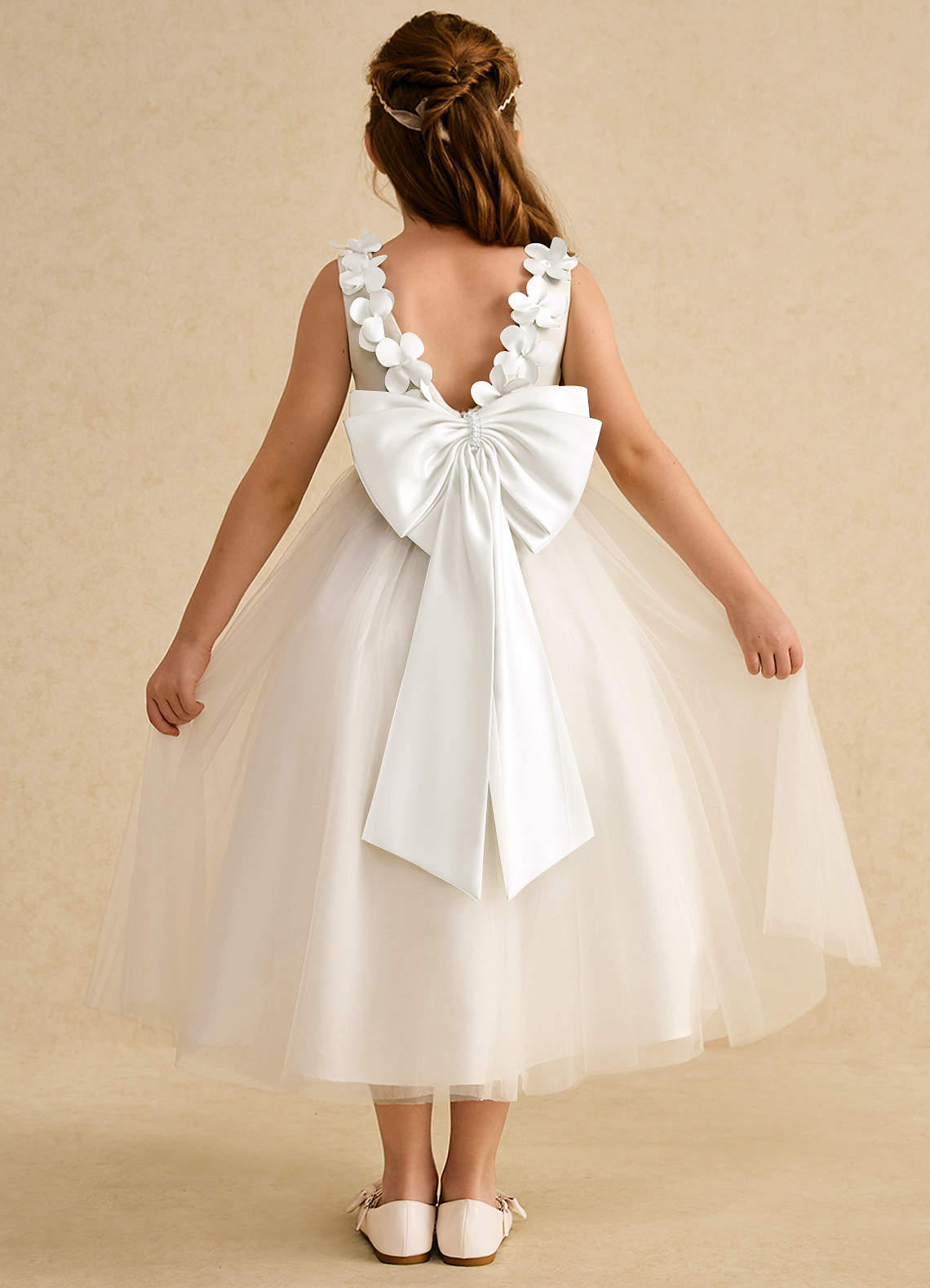 Azazie Lilli Robe Demoiselle D'honneur Fillette Robe Trapèze en Tulle Arc Ivoire image1