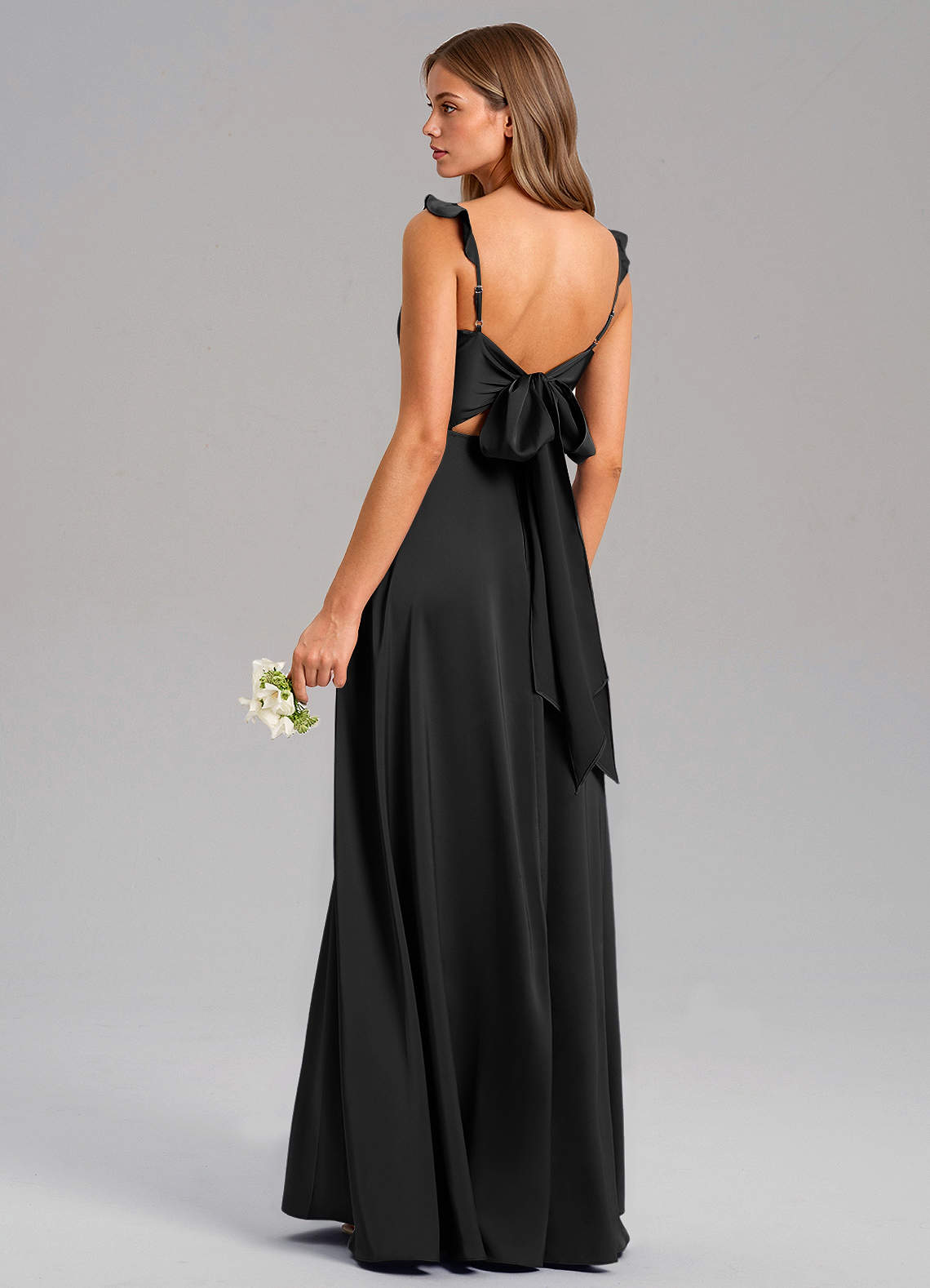 Azazie Everett Kleider zum Anprobieren zu Hause A-Linie Stretch-Satin Kleid Schwarz image5