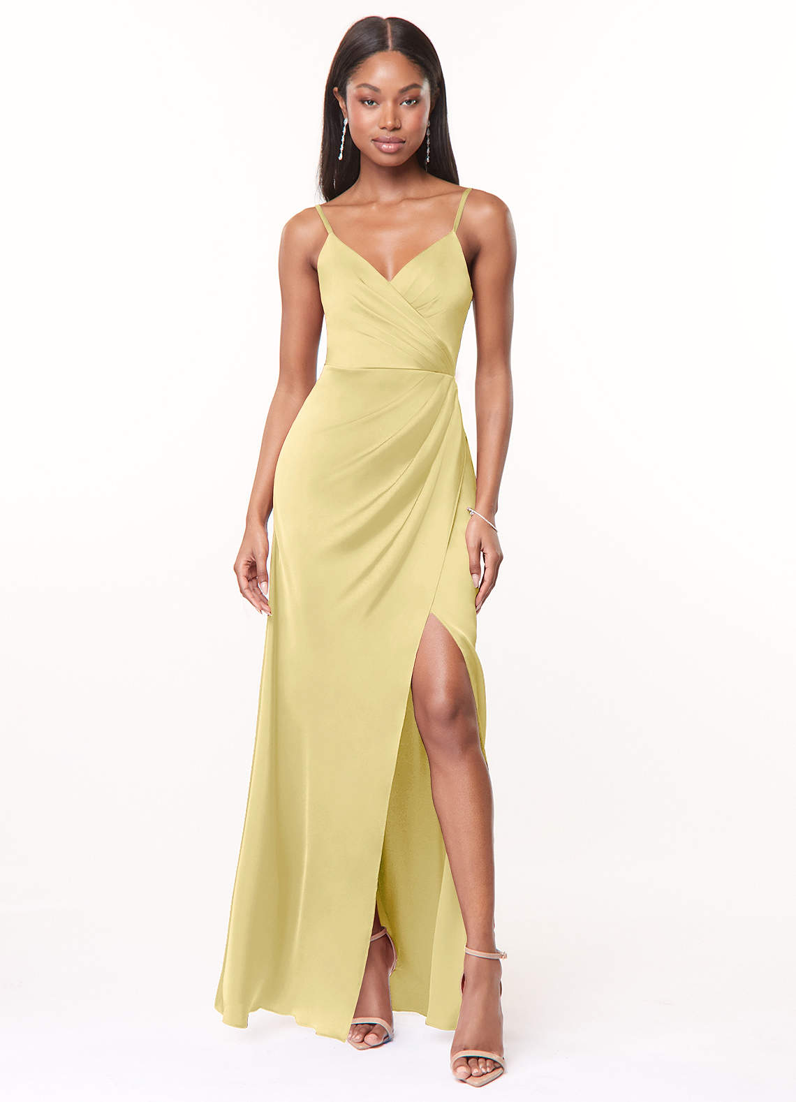 Azazie Maci Bridesmaid Dresses Lemon Sorbet A-Line V-Neck Pleated Stretch Satin Dress image1