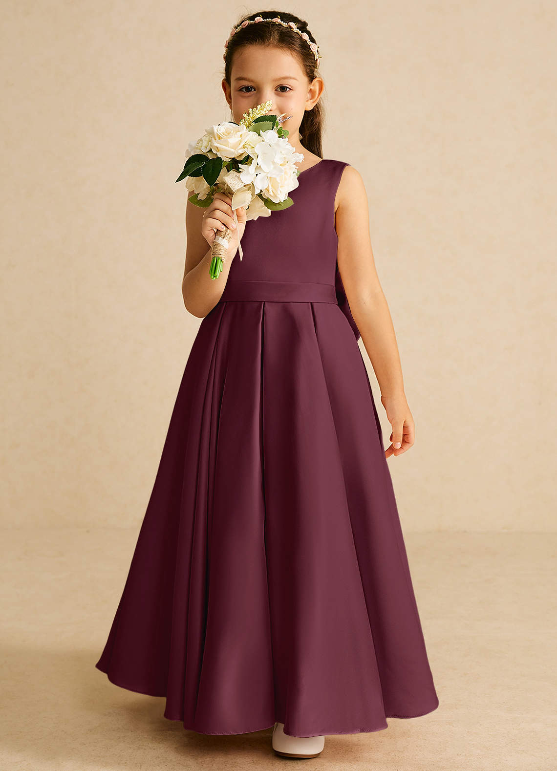 Azazie Pipsy Flower Girl Dresses Cabernet A-Line Bow Matte Satin Dress image4