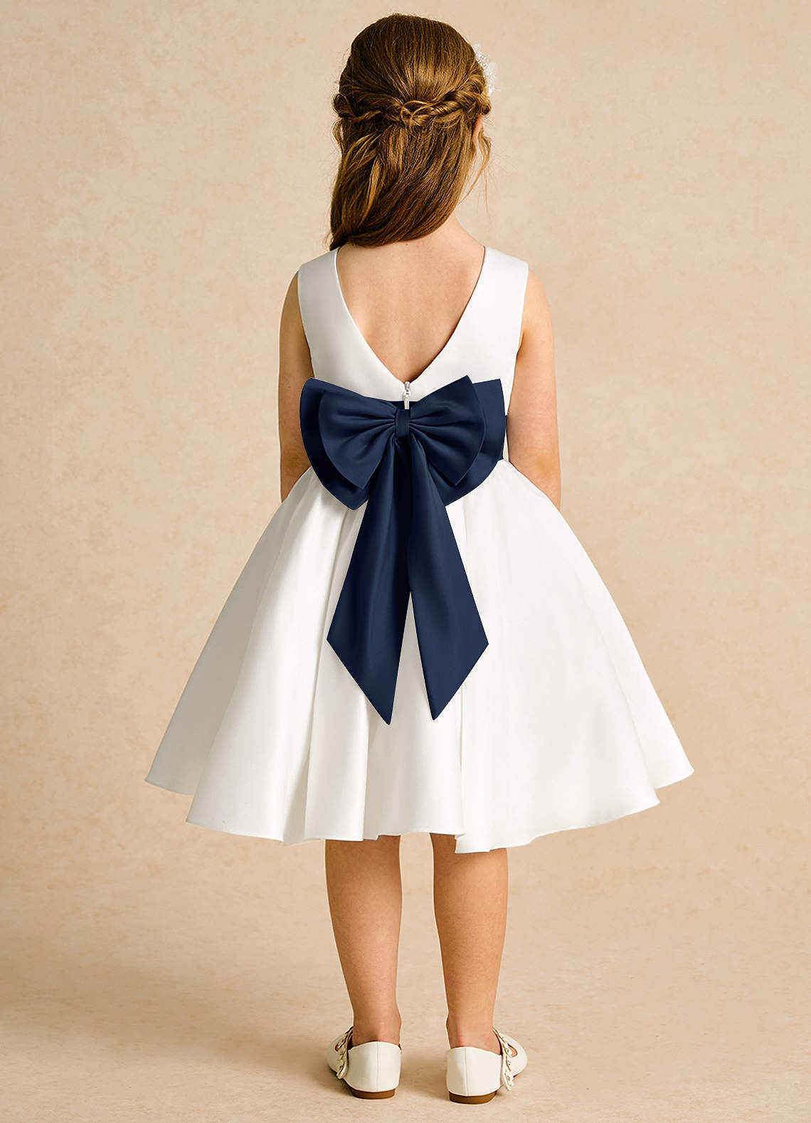 Azazie Sosie Flower Girl Dresses Ivory Dark Navy A-Line Pleated Matte Satin Dress image1