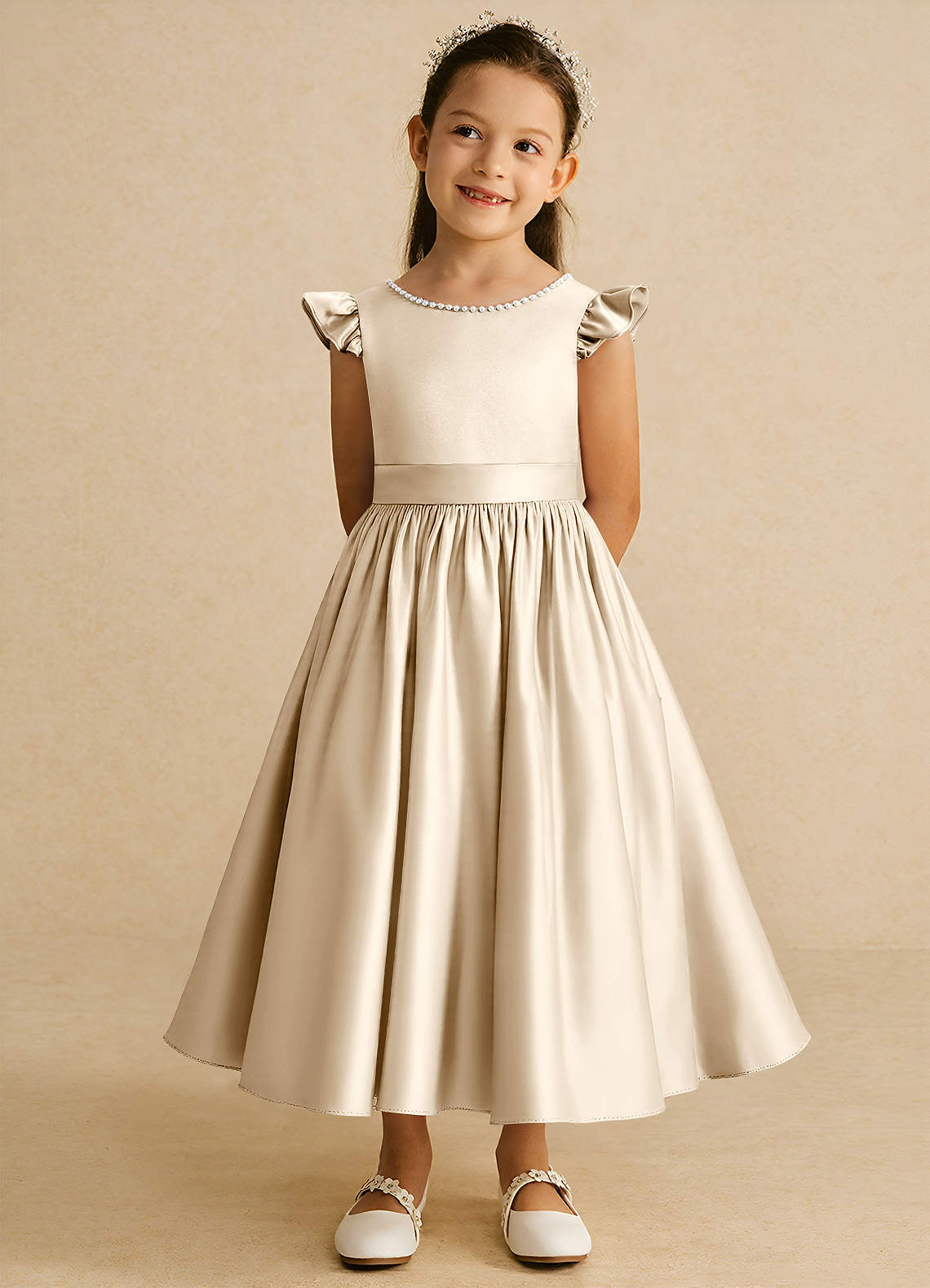 Azazie Dumpling Flower Girl Dresses Champagne A-Line Bow Matte Satin Dress image1