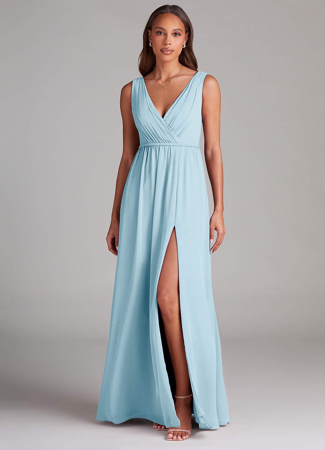 Azazie Tanicia Robes de demoiselle d'honneur Robe Trapèze en Mousseline de soie Plissée Bleu Ciel image1