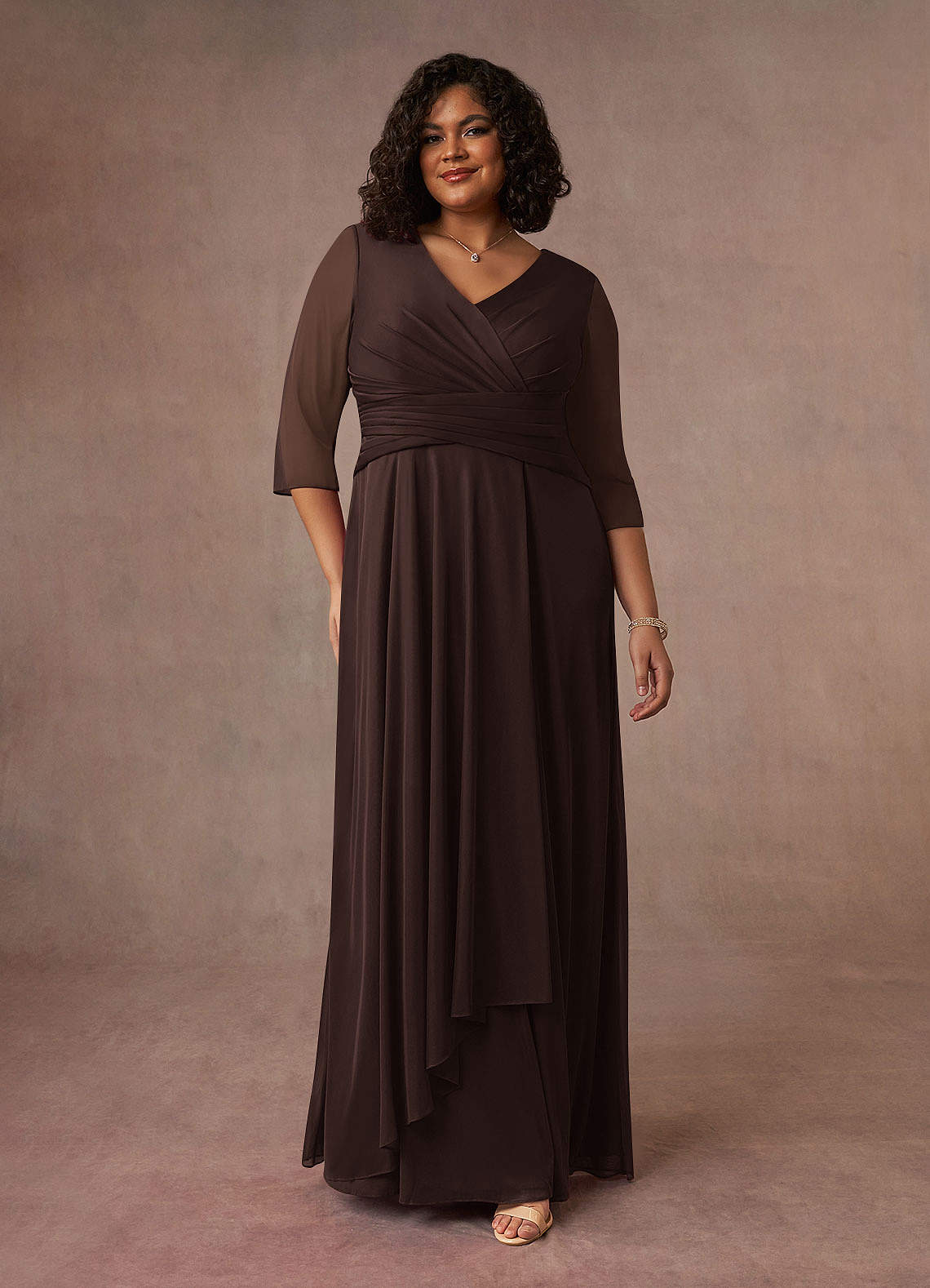 Azazie Annetta At-home Try On Dresses Mulberry A-Line V-Neck Pleated Mesh Dress image7