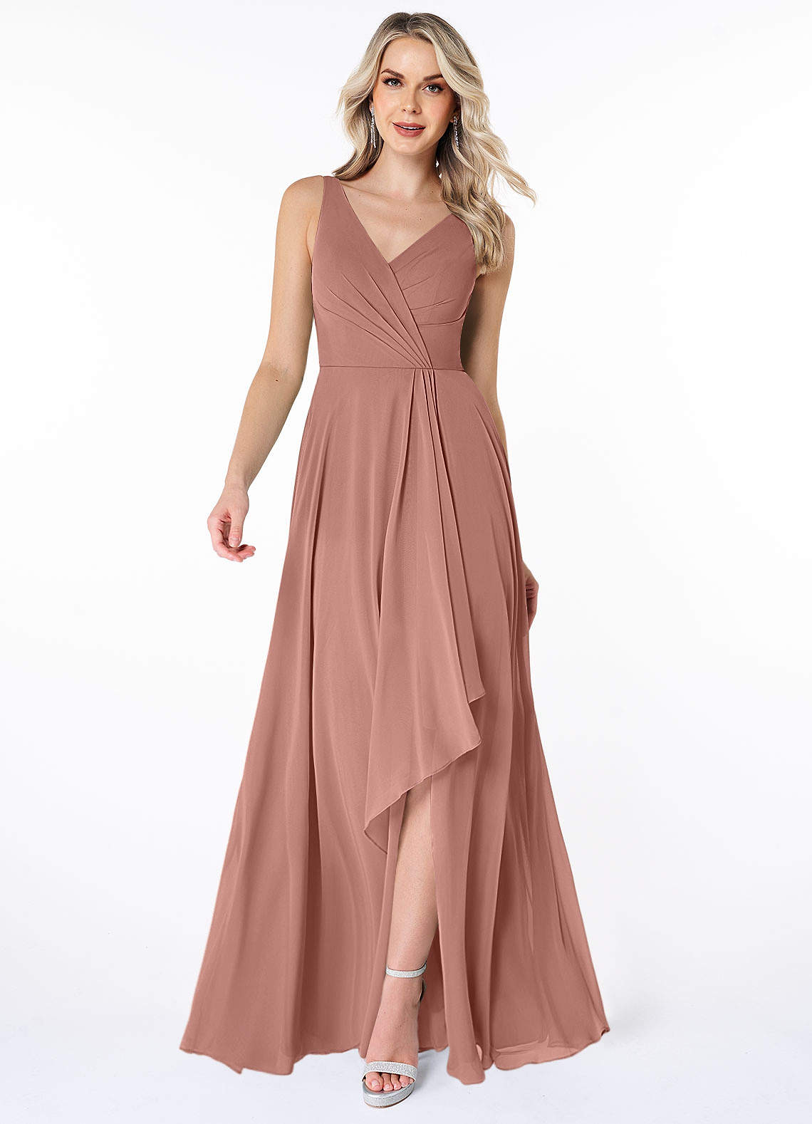 Azazie Calvi At-home Try On Dresses Champagne Rose A-Line Ruched Chiffon Dress image1