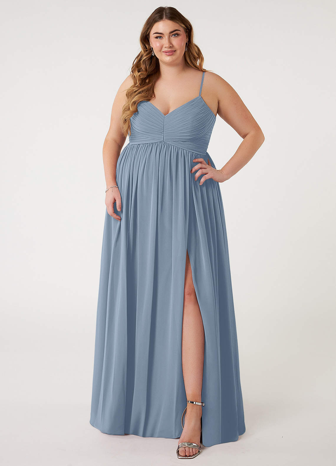 Azazie Alia Bridesmaid Dresses Dusty Blue A-Line Pleated Chiffon Dress image1