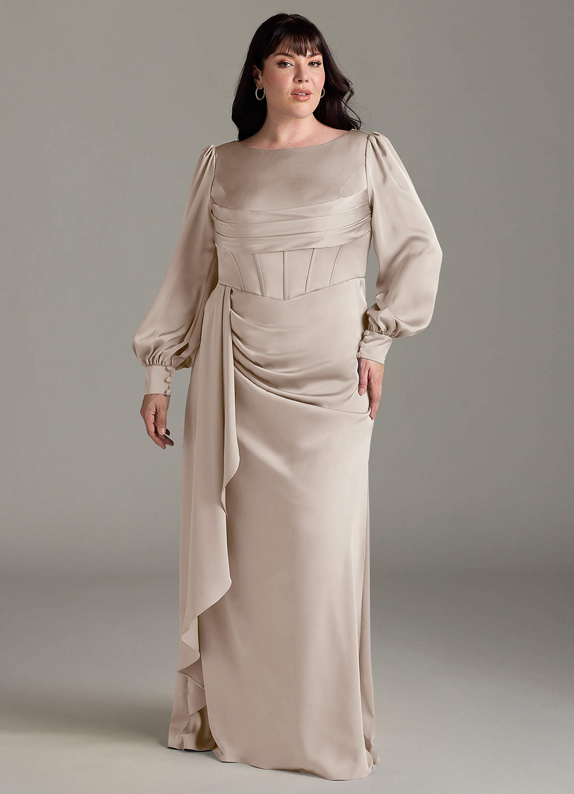 Azazie Raye Brautjungfernkleider Meerjungfrau-Linie Langarm Stretch-Satin Kleid Frost image1