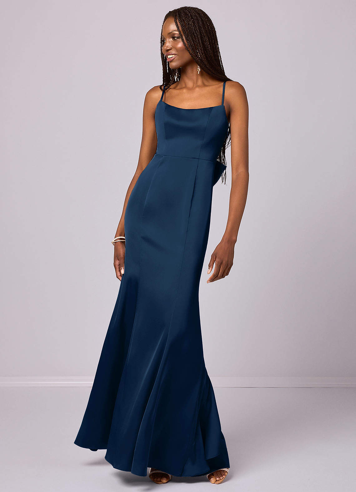 Barbie ♥ Azazie Bridesmaid Dresses Dark Navy Mermaid Bow Stretch Satin Dress image1