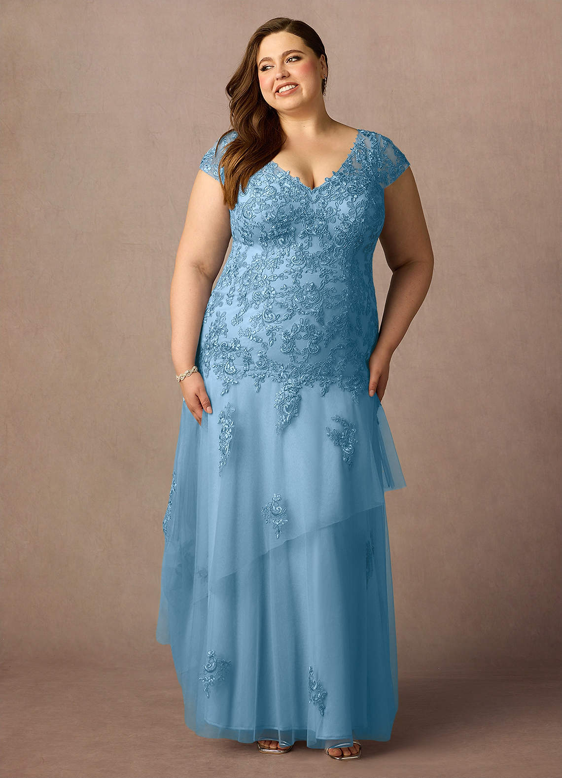 Azazie Romy Steel Blue Mermaid V-Neck Sequins Tulle Dress Azazie