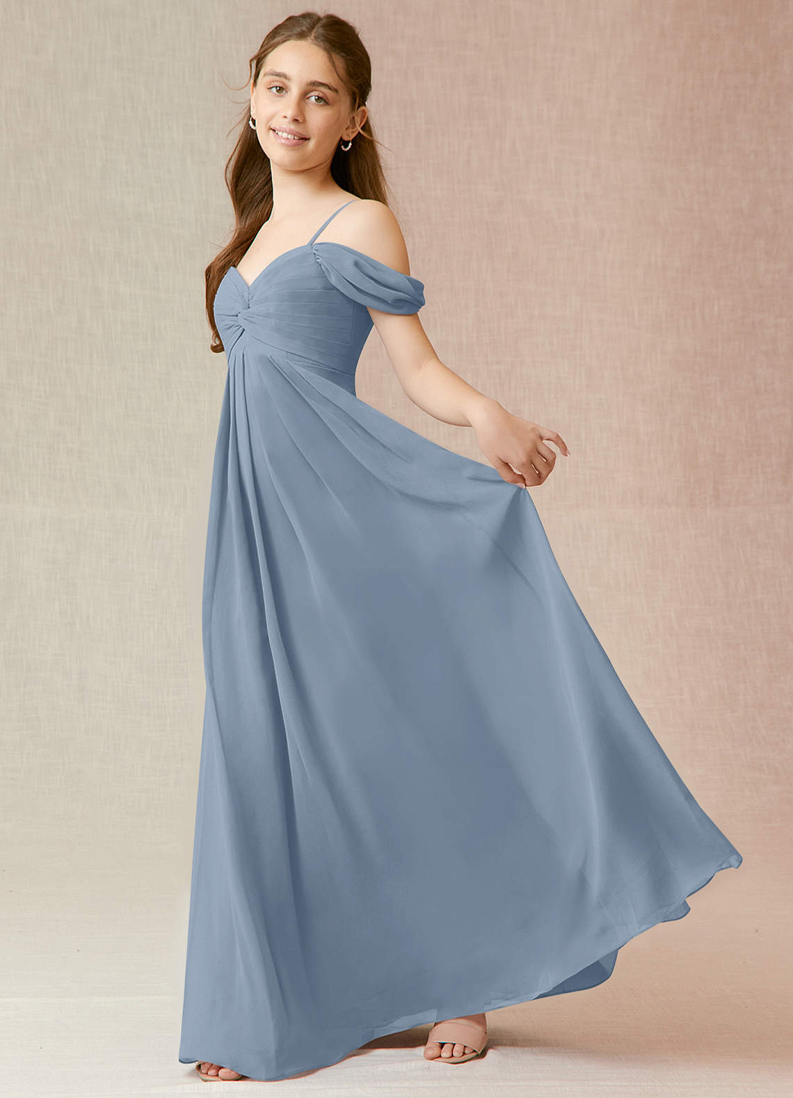 Azazie Kaitlynn Junior Dusty Blue A-Line Off the Shoulder Chiffon Dress image2