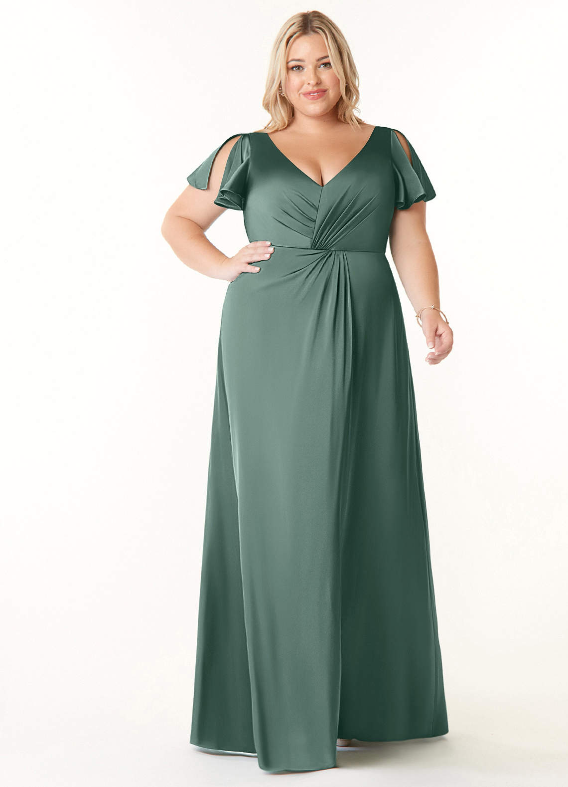 Azazie Soren Bridesmaid Dresses Eucalyptus A-Line Pleated Stretch Satin Dress image1