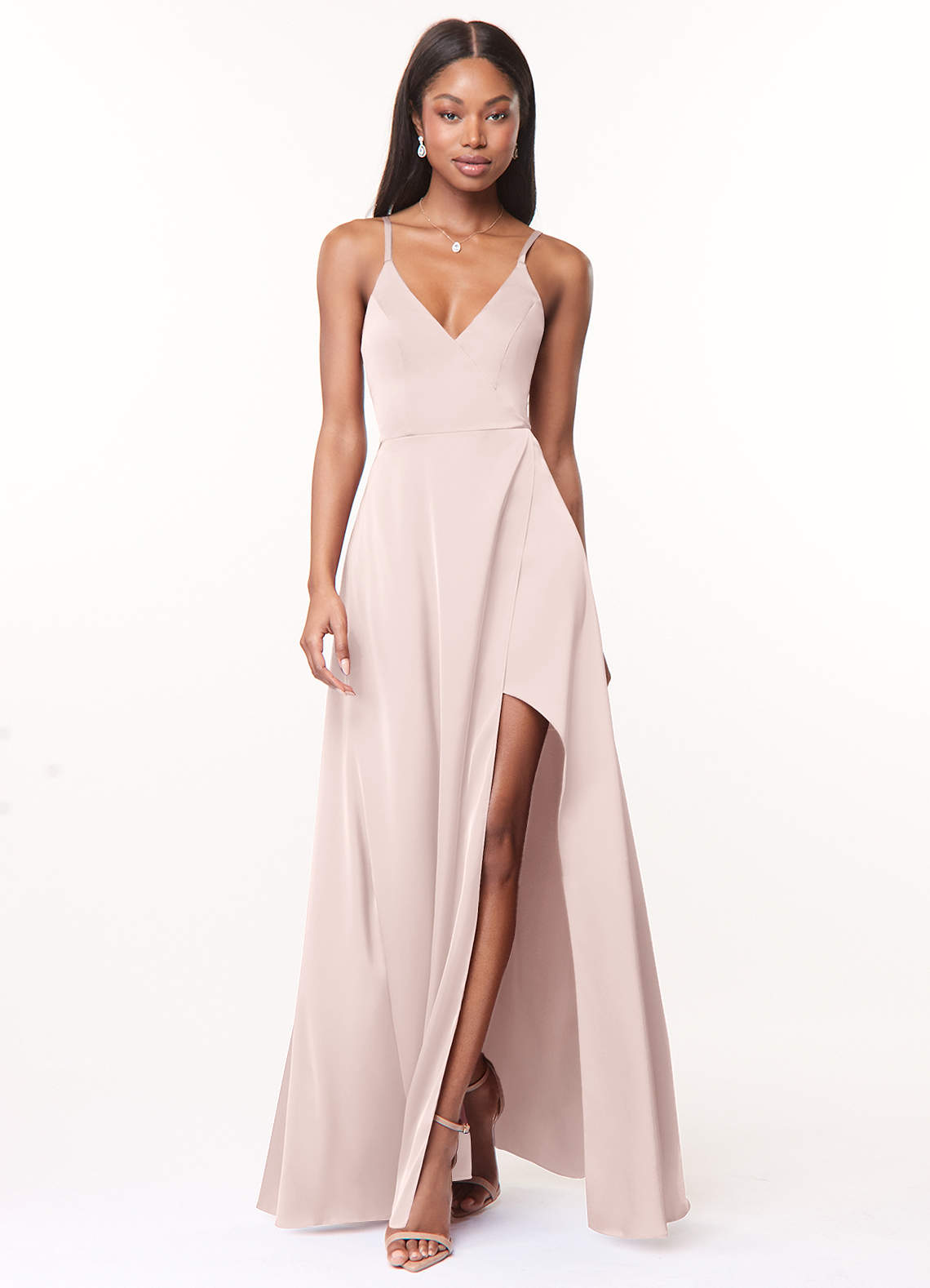 Azazie Maksim Bridesmaid Dresses Blushing Pink A-Line V-Neck Stretch Satin Dress image1