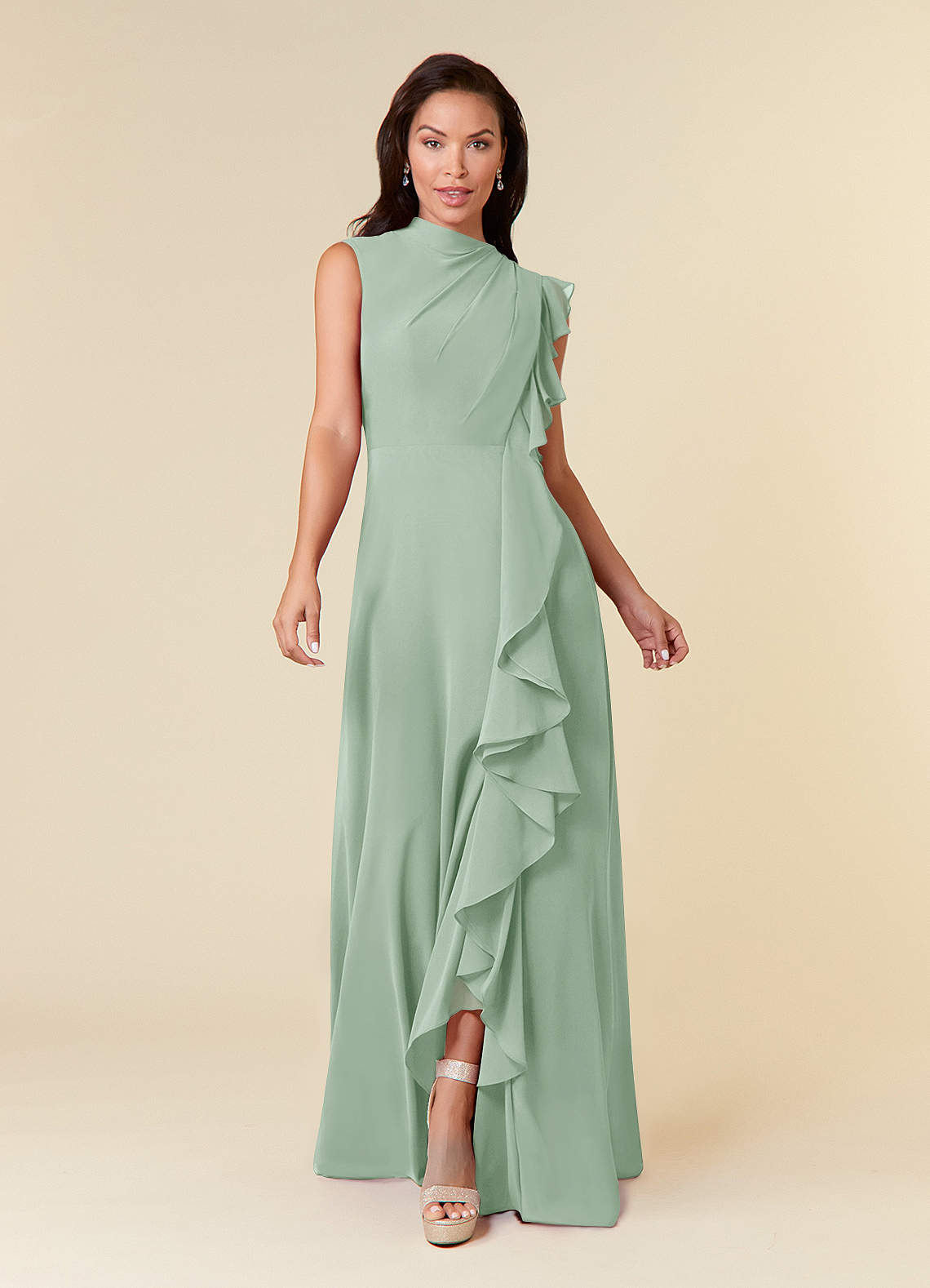 Azazie Narine At-home Try On Dresses Agave A-Line High Neckline Pleated Chiffon Dress image2