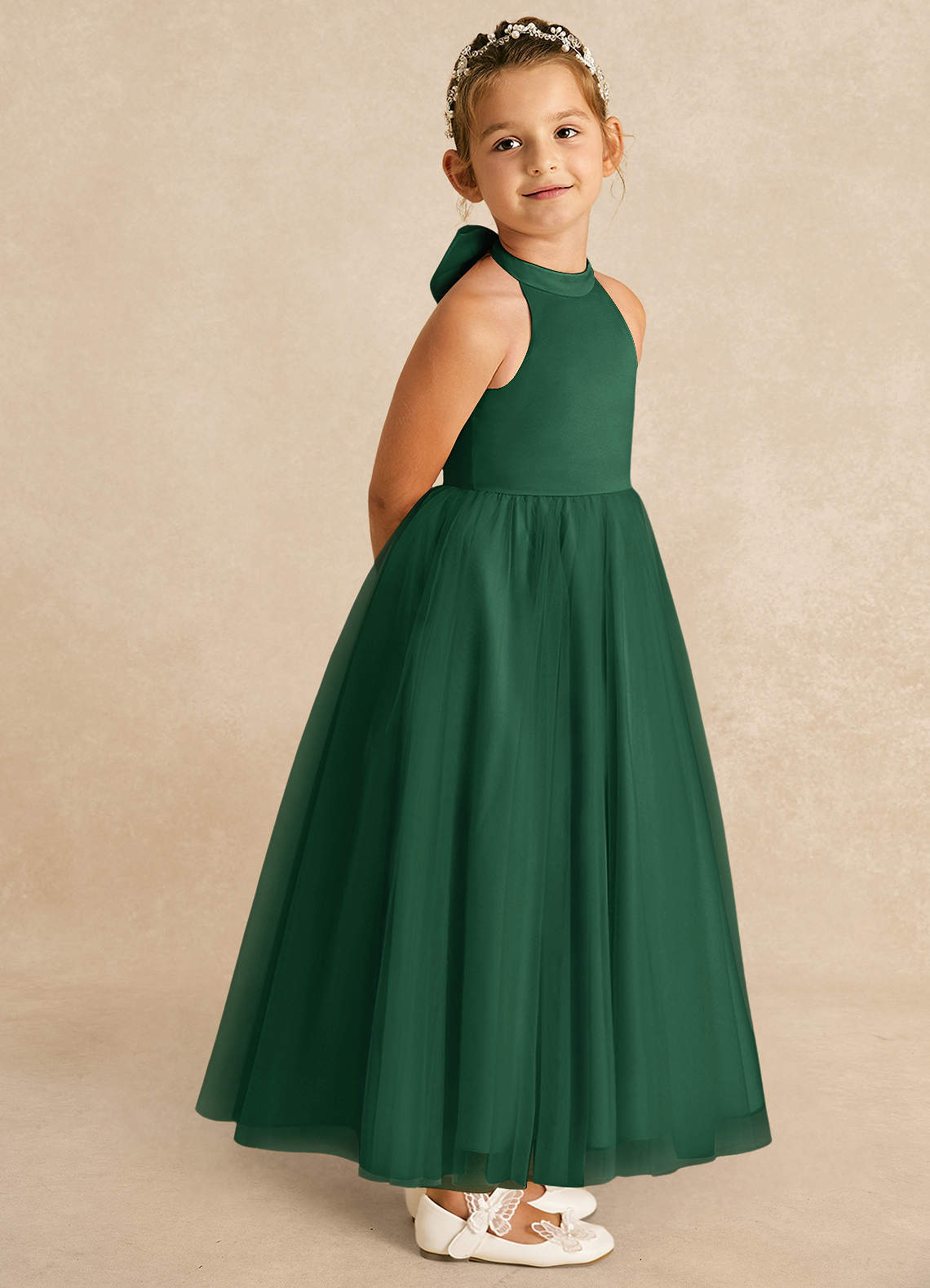 Azazie Bev Flower Girl Dresses Dark Green A-Line Convertible Tulle Dress image7