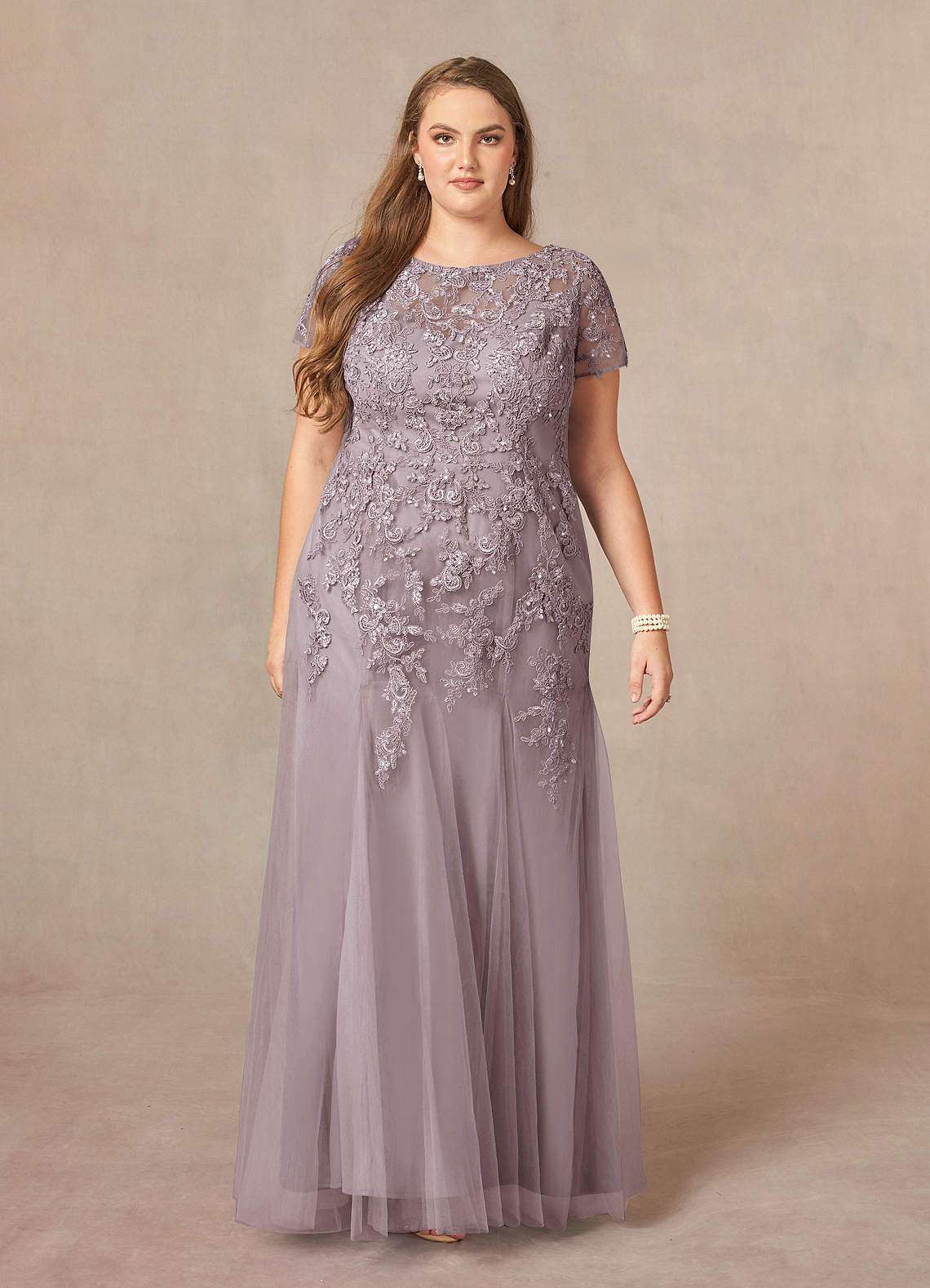 Azazie Laurie Venta Final Vestido de Taupe de Tul de Corte Sirena con Scoop Lentejuelas image7