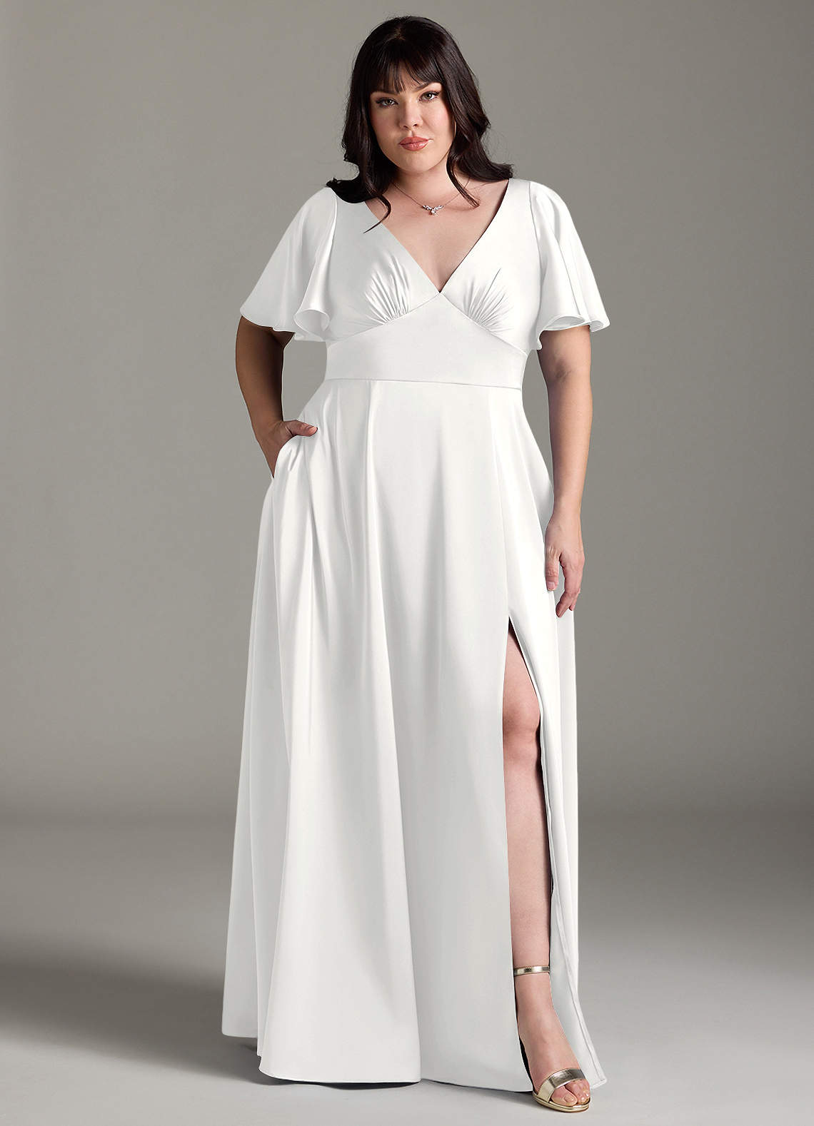 Azazie Kimber Bridesmaid Dresses White A-Line Ruched Stretch Satin Dress image1