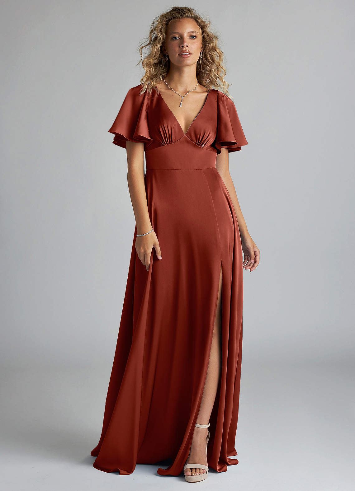 Azazie Kimber Robes de demoiselle d'honneur Robe Trapèze en Satin extensible Rayé Terracotta image2