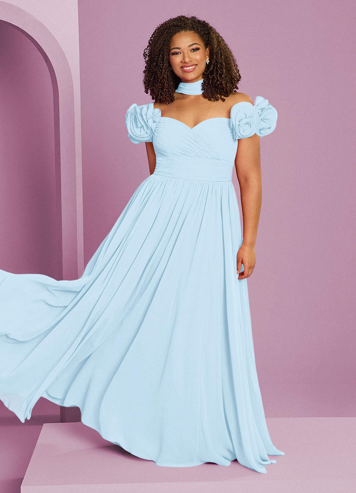 Barbie ♥ Azazie Robes de demoiselle d'honneur Robe Trapèze Convertible en Mousseline de soie Épaule décolletée Bleu Ciel image1