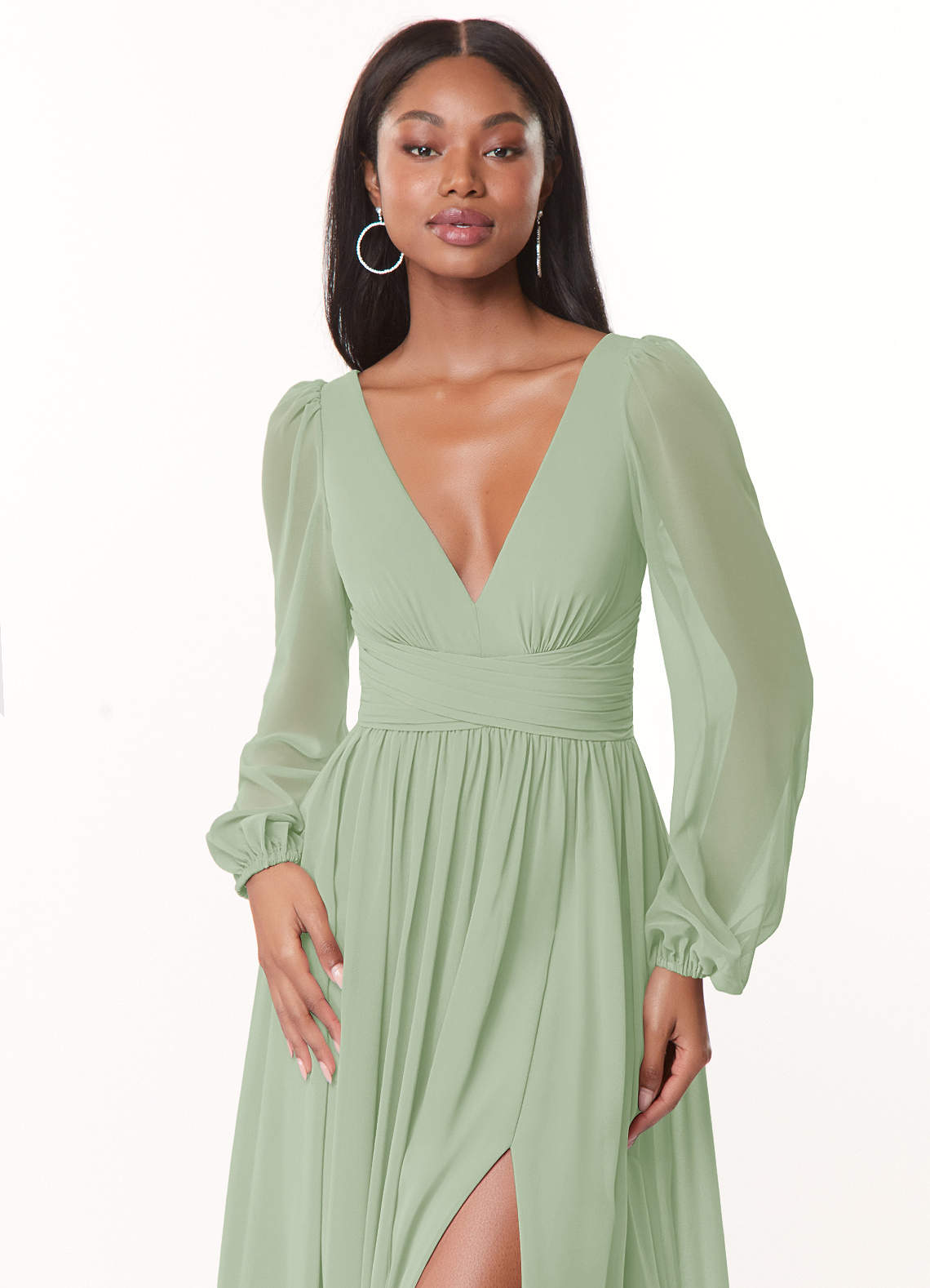 Azazie Norah Bridesmaid Dresses Dusty Sage A-Line V-Neck Long Sleeve Chiffon Dress image4