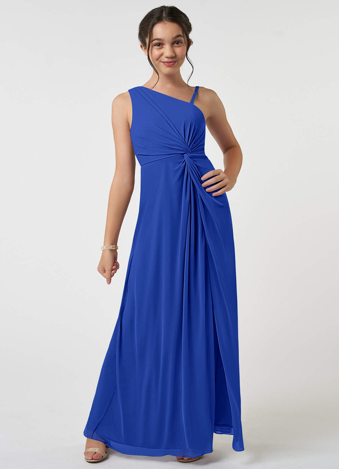 Azazie Brooke Junior Abito A-Line in Maglia Plissettato Blu Reale image1