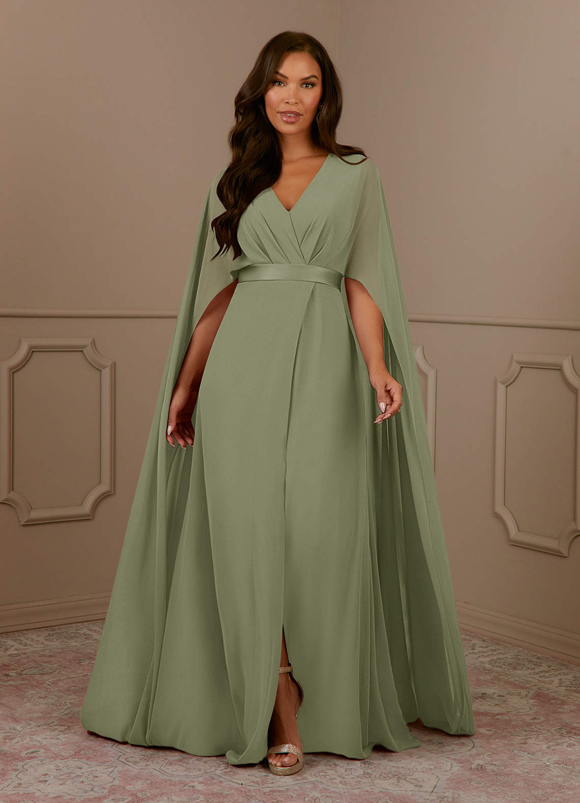 Azazie Isa Mother of the Bride Dresses Pistachio A-Line V-Neck Pleated Chiffon Dress image1