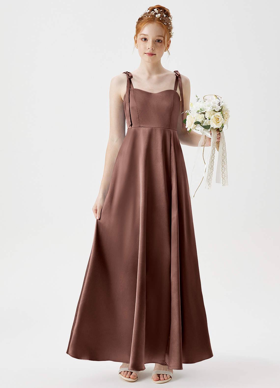Azazie Rosey Junior Espresso A-Line Sweetheart Neckline Metallic Satin Dress image1